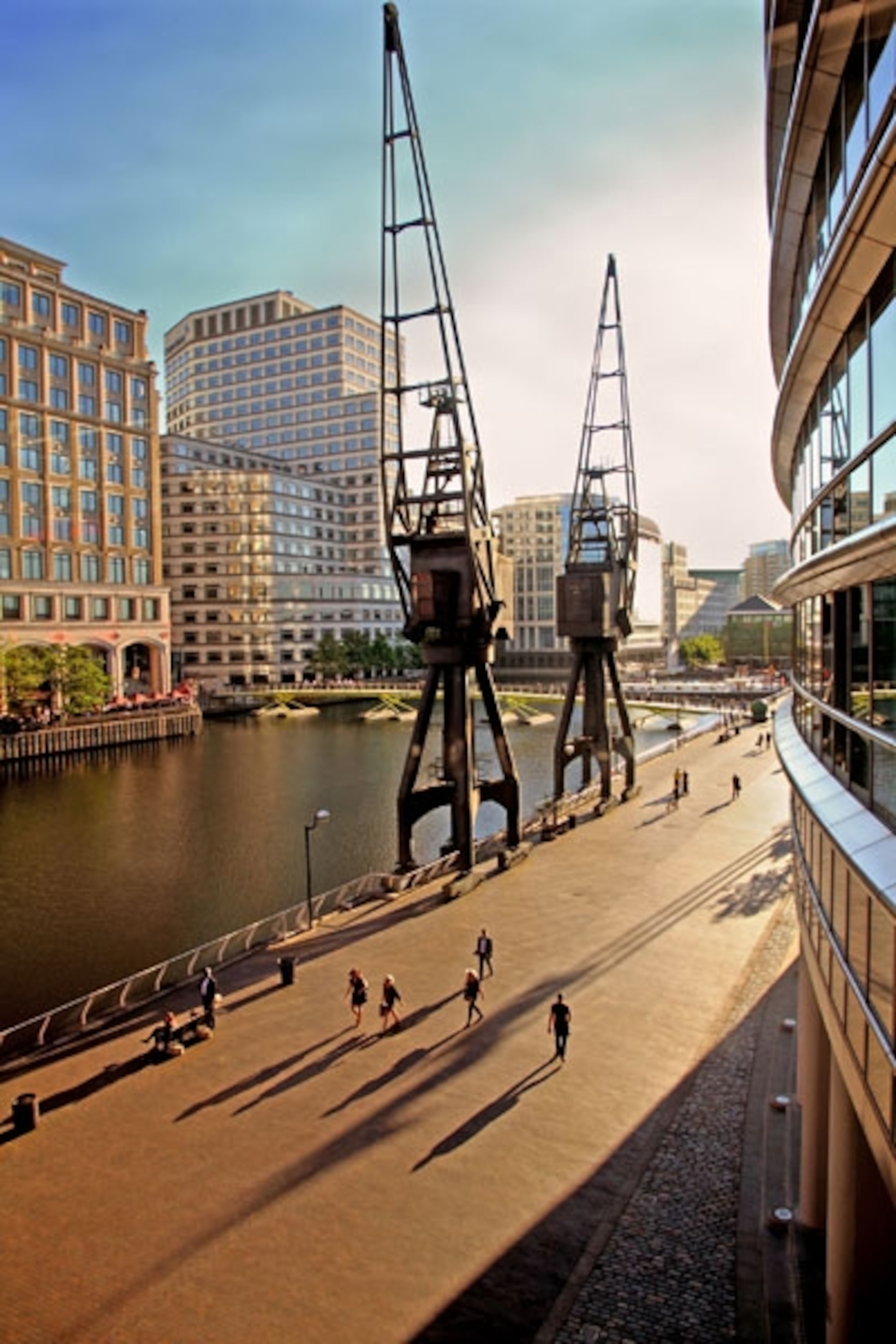 Cranes line the Thames in the London Docklands