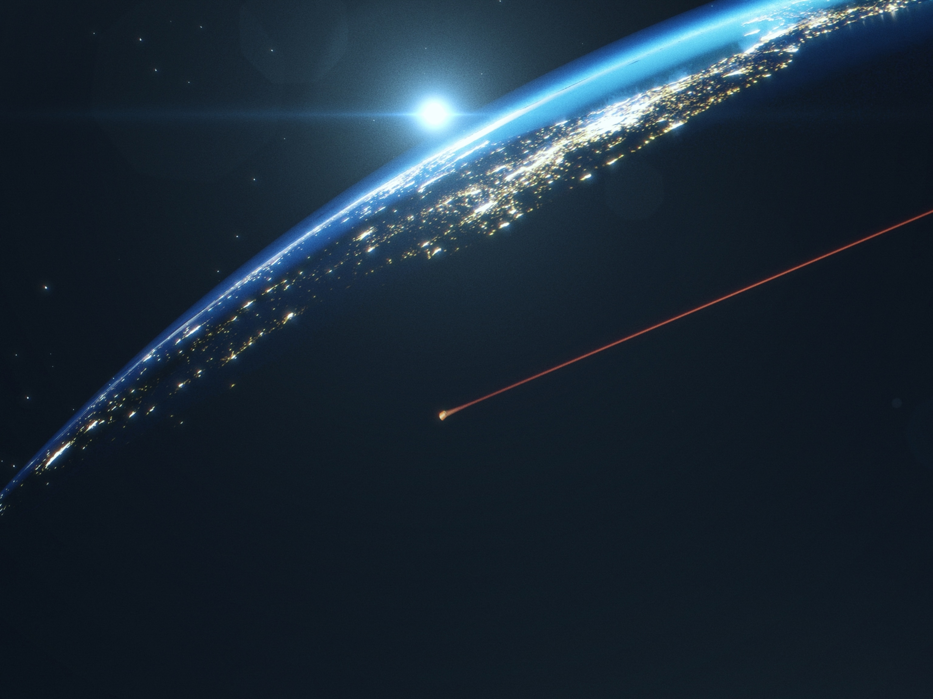 Illustrated view of Earth from space with city lights and a glowing sunrise on the horizon. A red trail from a capsule passing through Earth's atmosphere on reentry arcs across the dark sky.