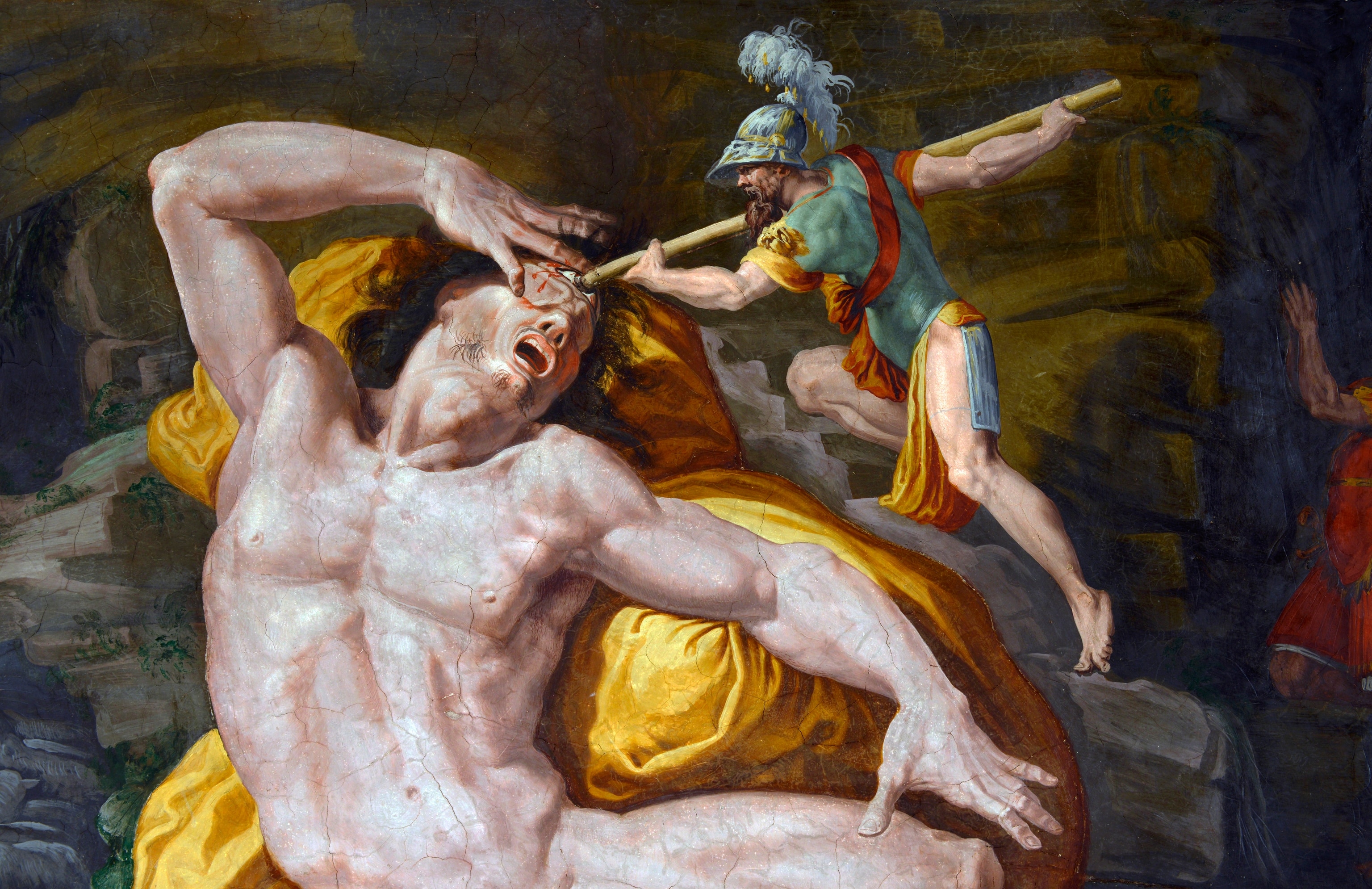A painting of Ulysses blinding the Cyclops Polyphemus.