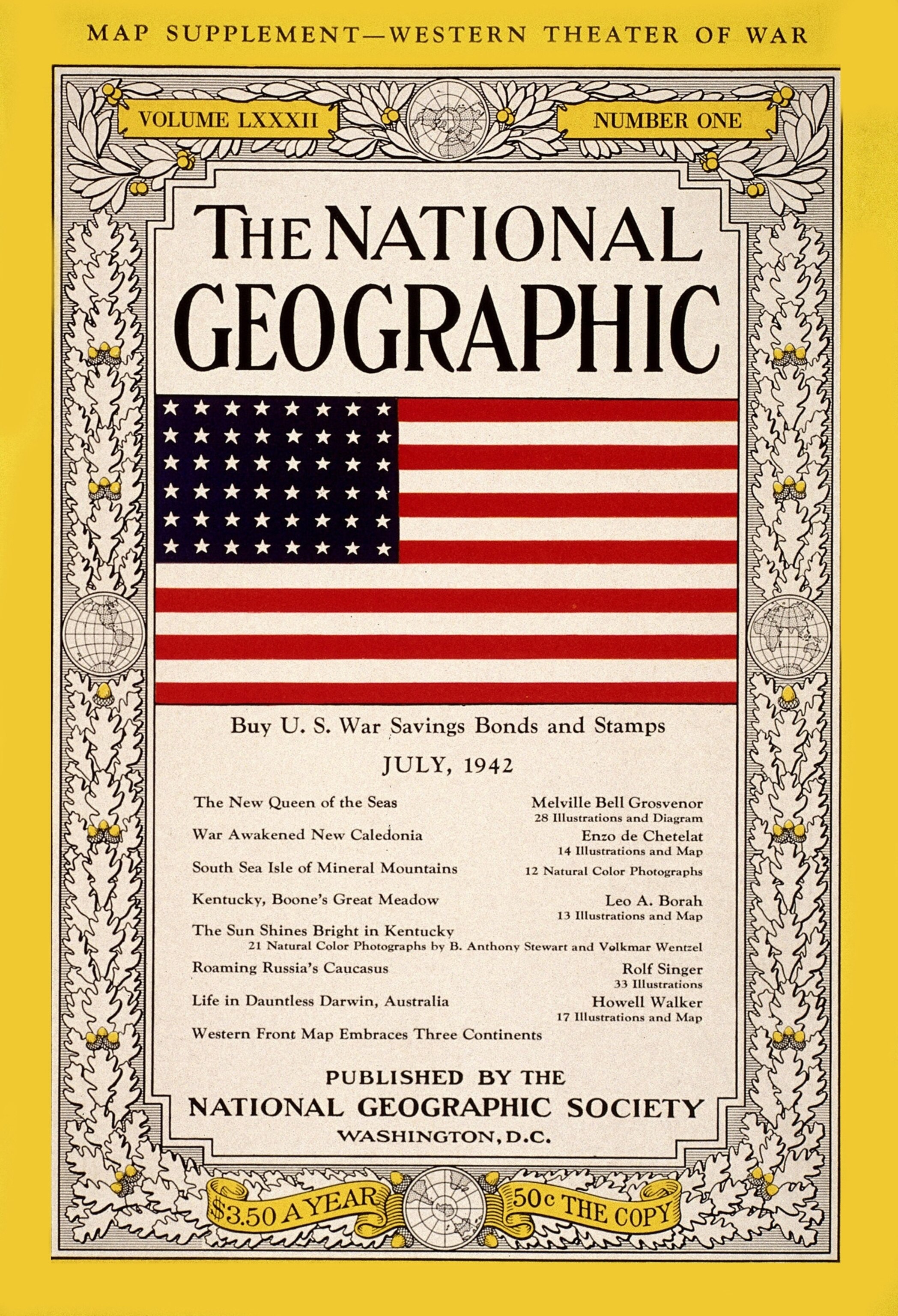 In 1942, the U.S. Treasury Department asked all of the nation’s major magazines to print a U.S. flag and “Buy United States War Savings Bonds and Stamps” on the cover of their July issues. National Geographic complies and publishes the first cover illustration in its history.