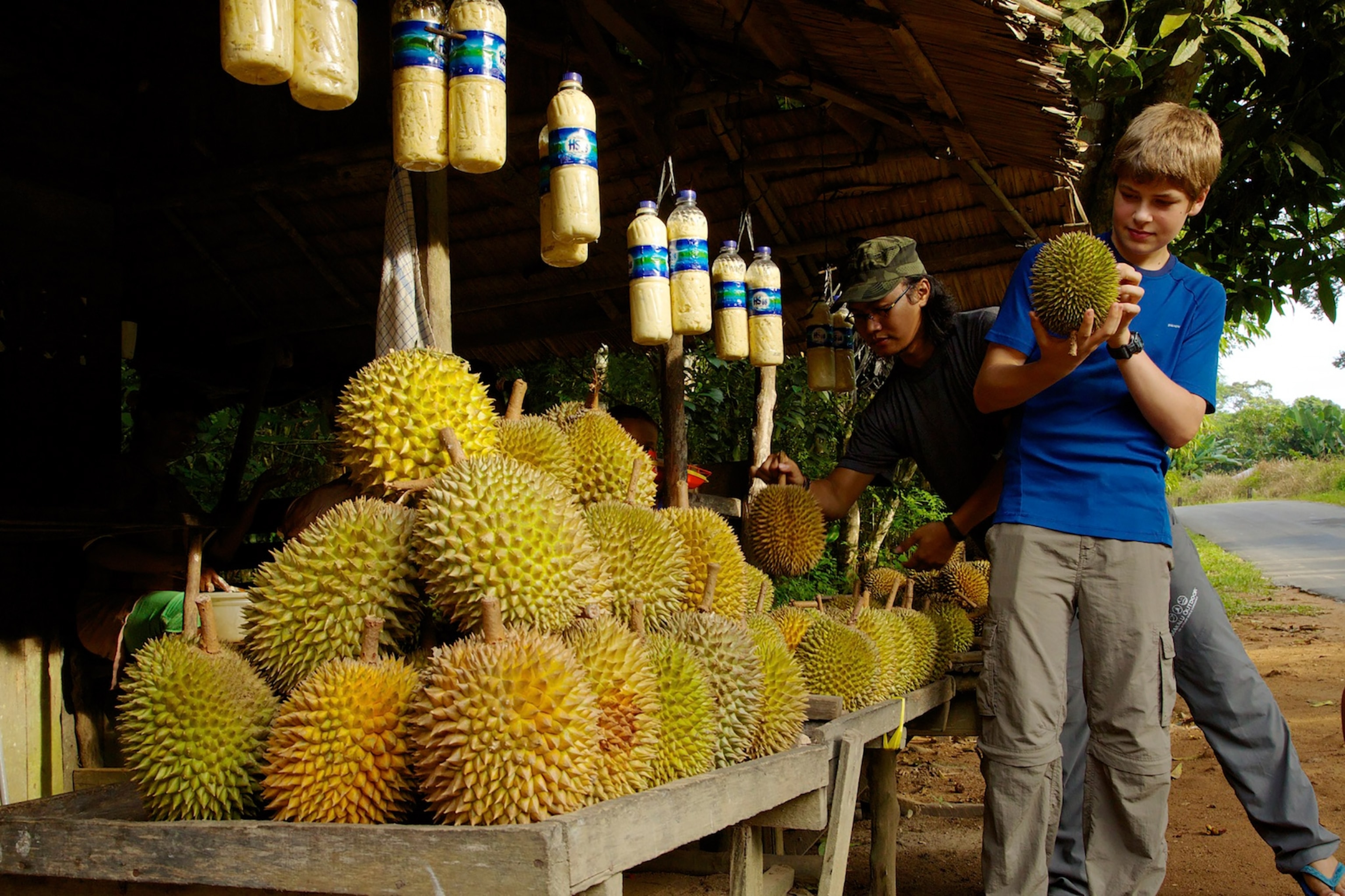 Russell Laman with an orangutan researcher examining cultivated durians at a fruit stand