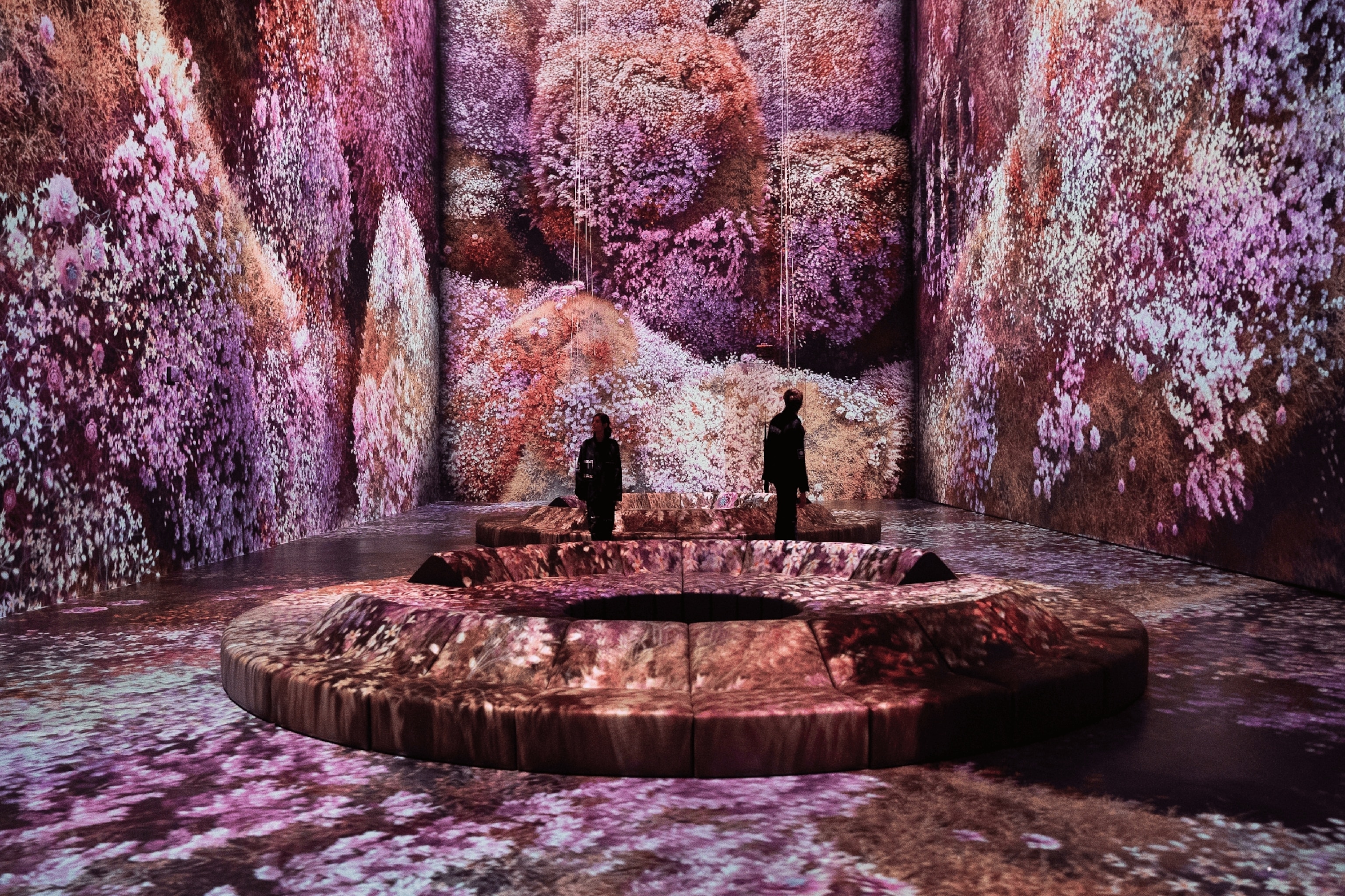 An immersive exhibition space with screens on all four walls displaying swirls of a floral pattern.