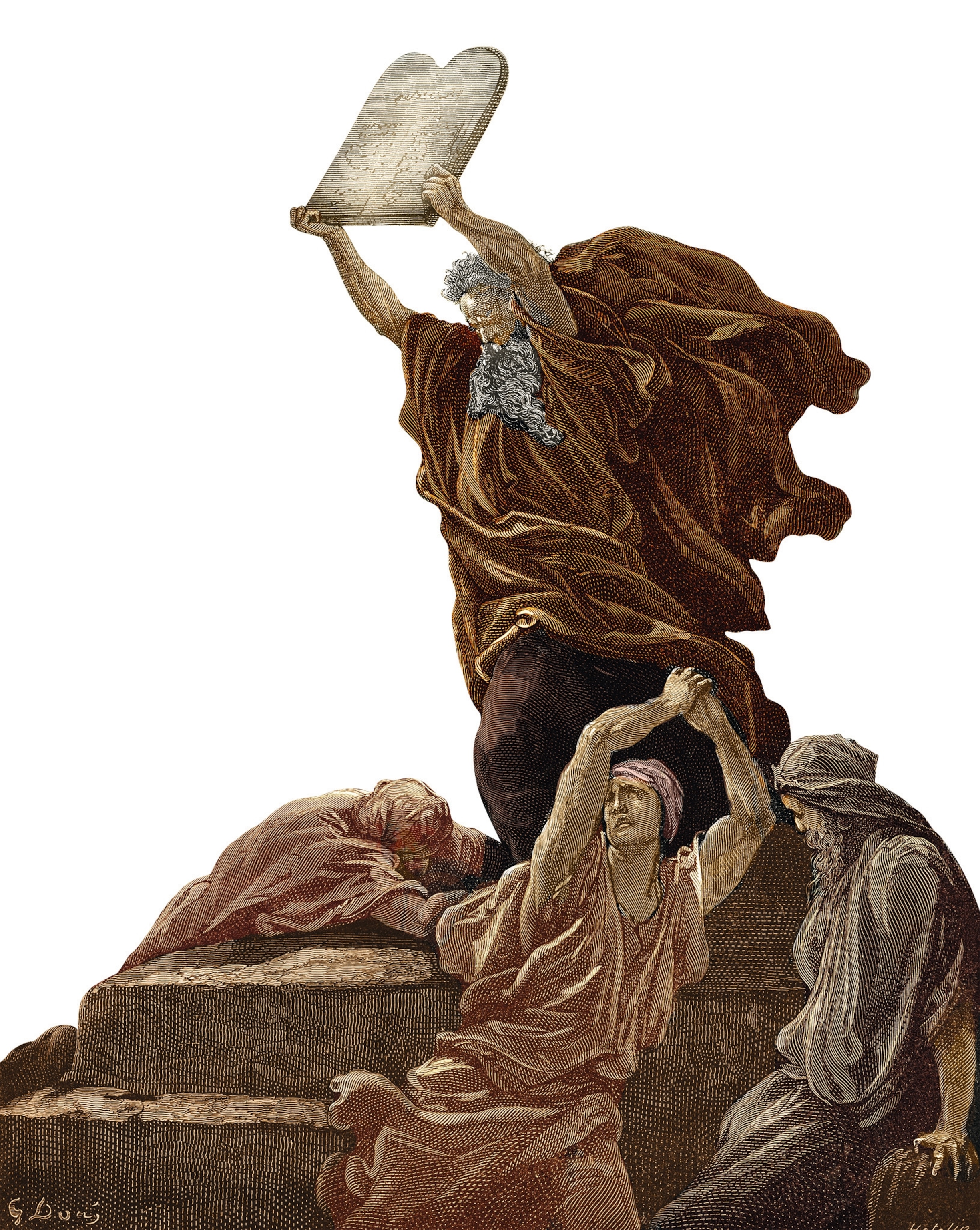 Moses smashes the first Tablets of the Law after descending Mount Sinai and finding the Israelites worshipping a golden calf.