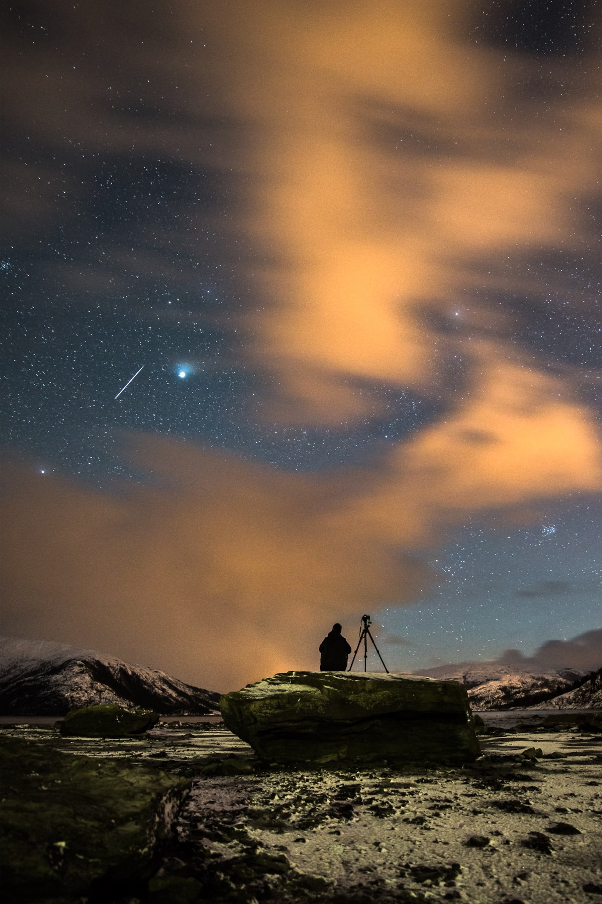 Geminid meteor shower as seen from Hemnesberget, Norway.