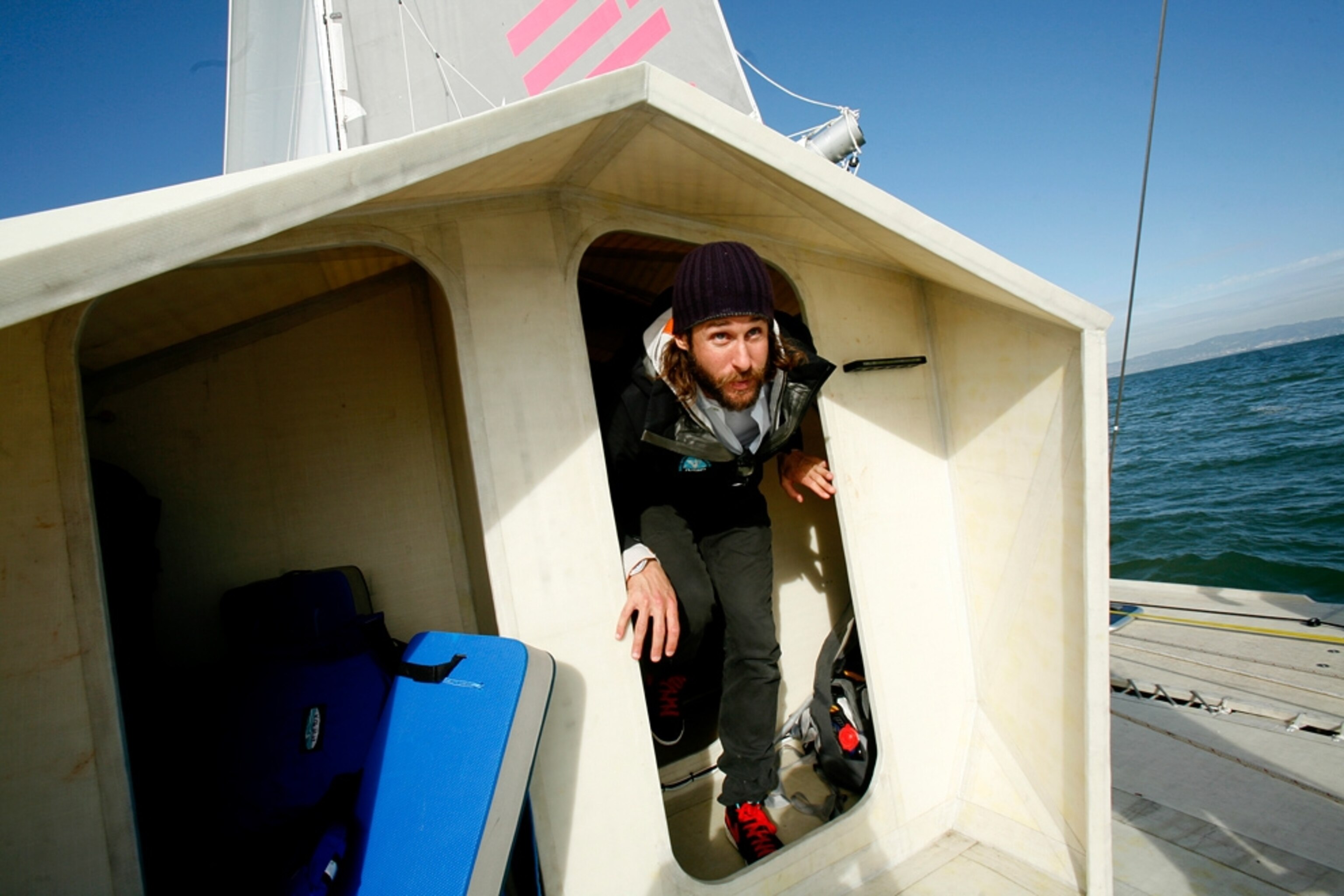 David de Rothschild emerges from Plastiki's cabin