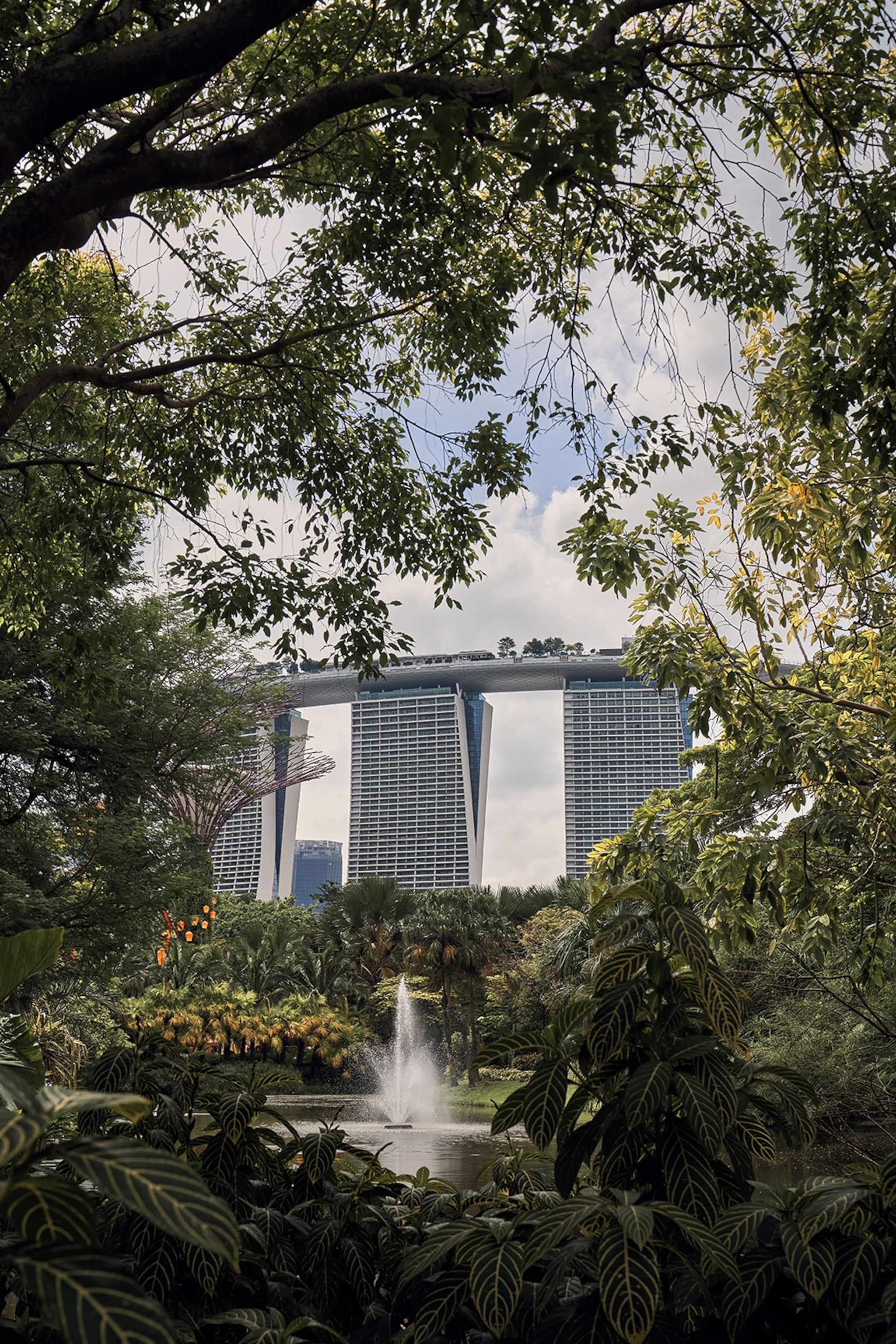 A hotel in Singapore shot through a wood opening, featuring three skyscraper pillars and a connecting deck on top.