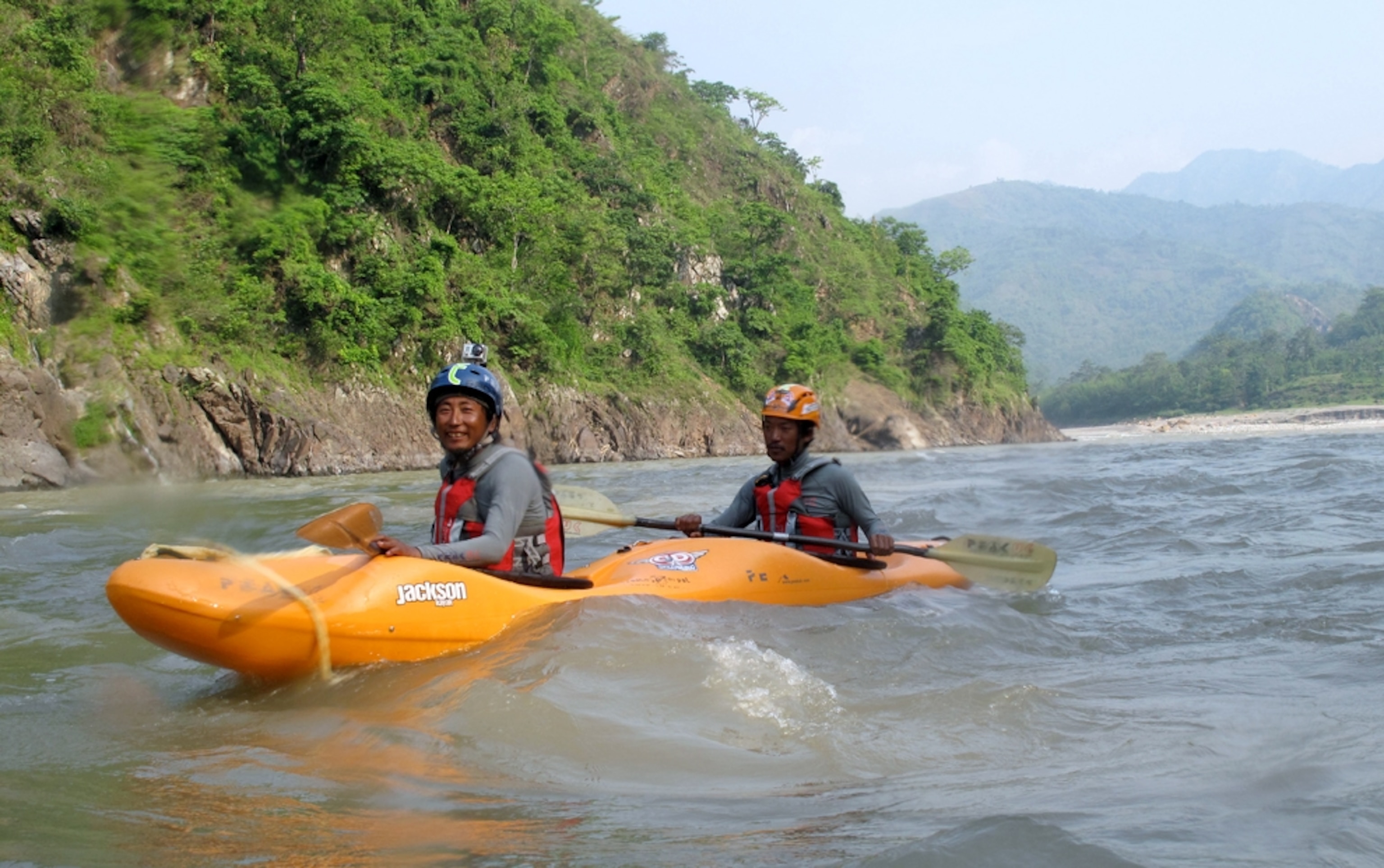 Babu and Lakpa kayaking on the lower portion of the Ganges River