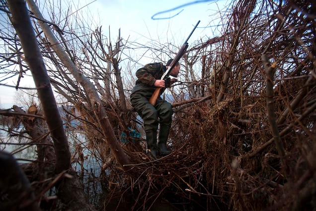 Albanian Government bans hunting of migrating birds A hunter peers from a tree stand on Lake Shkoder in Albania. PHOTOGRAPH BY DAVID GUTTENFELDER, AP