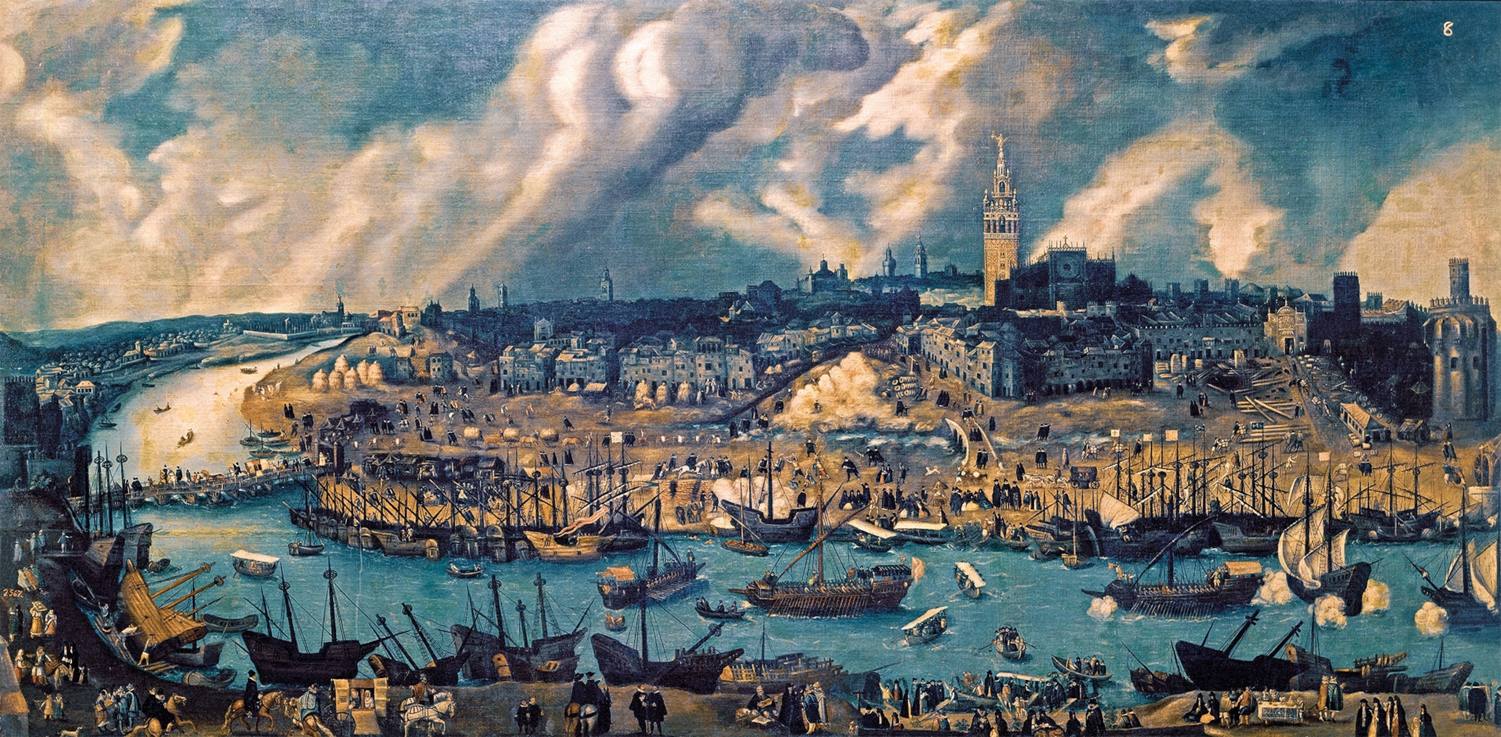 A painting of the busy harbor in Seville, Spain