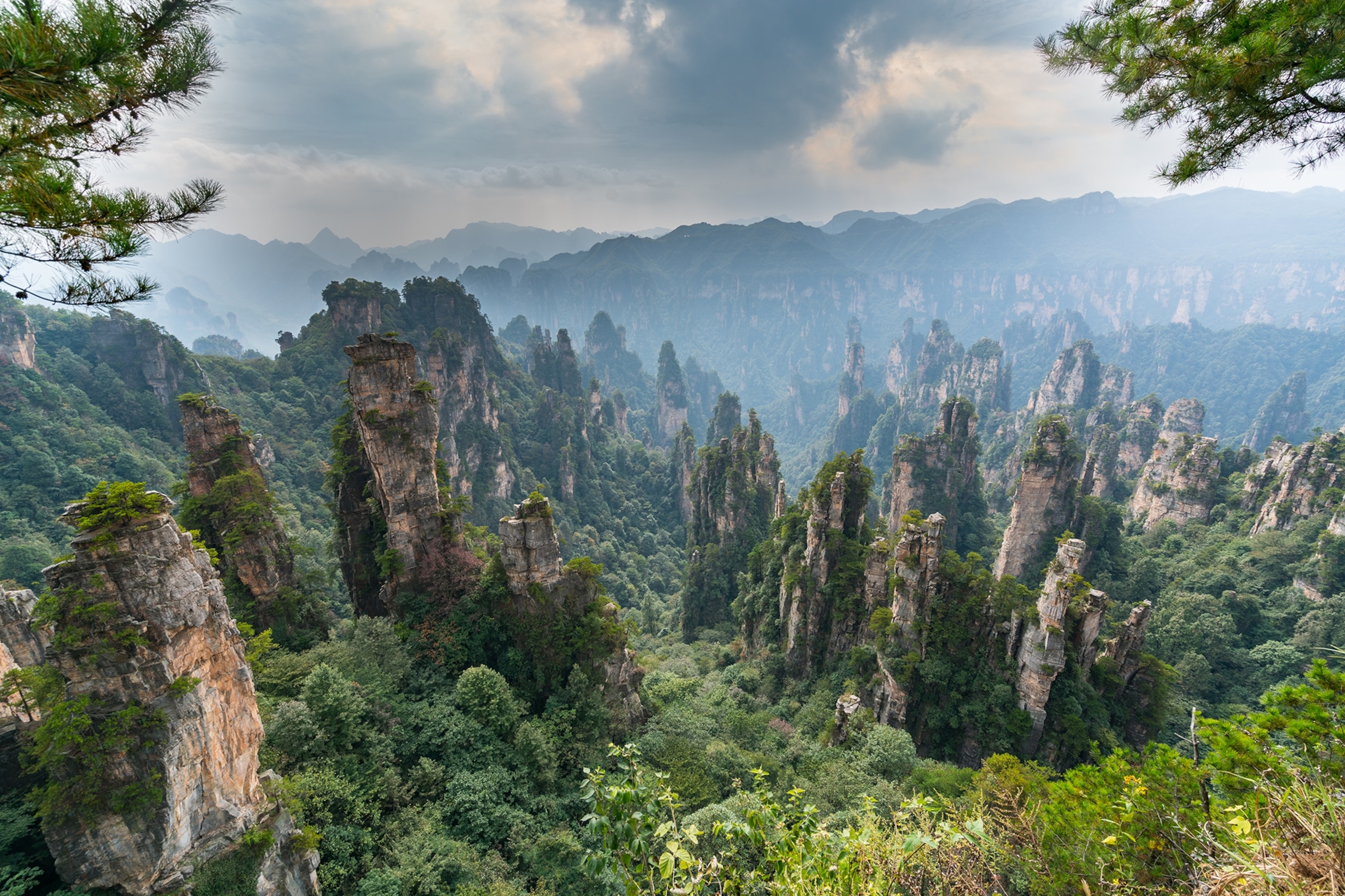 Multiple, free-standing peaks in a valley overgrown with a forest.