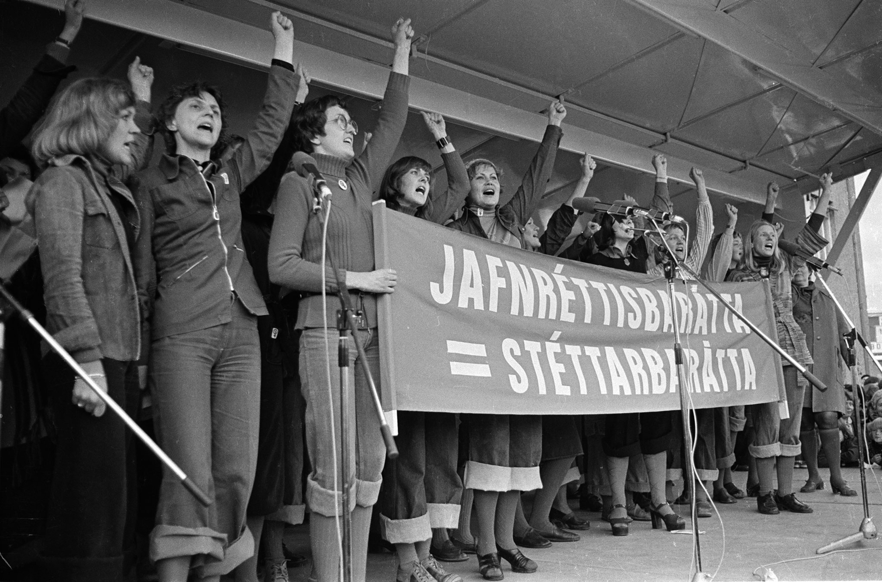 An aerial view of women protesting