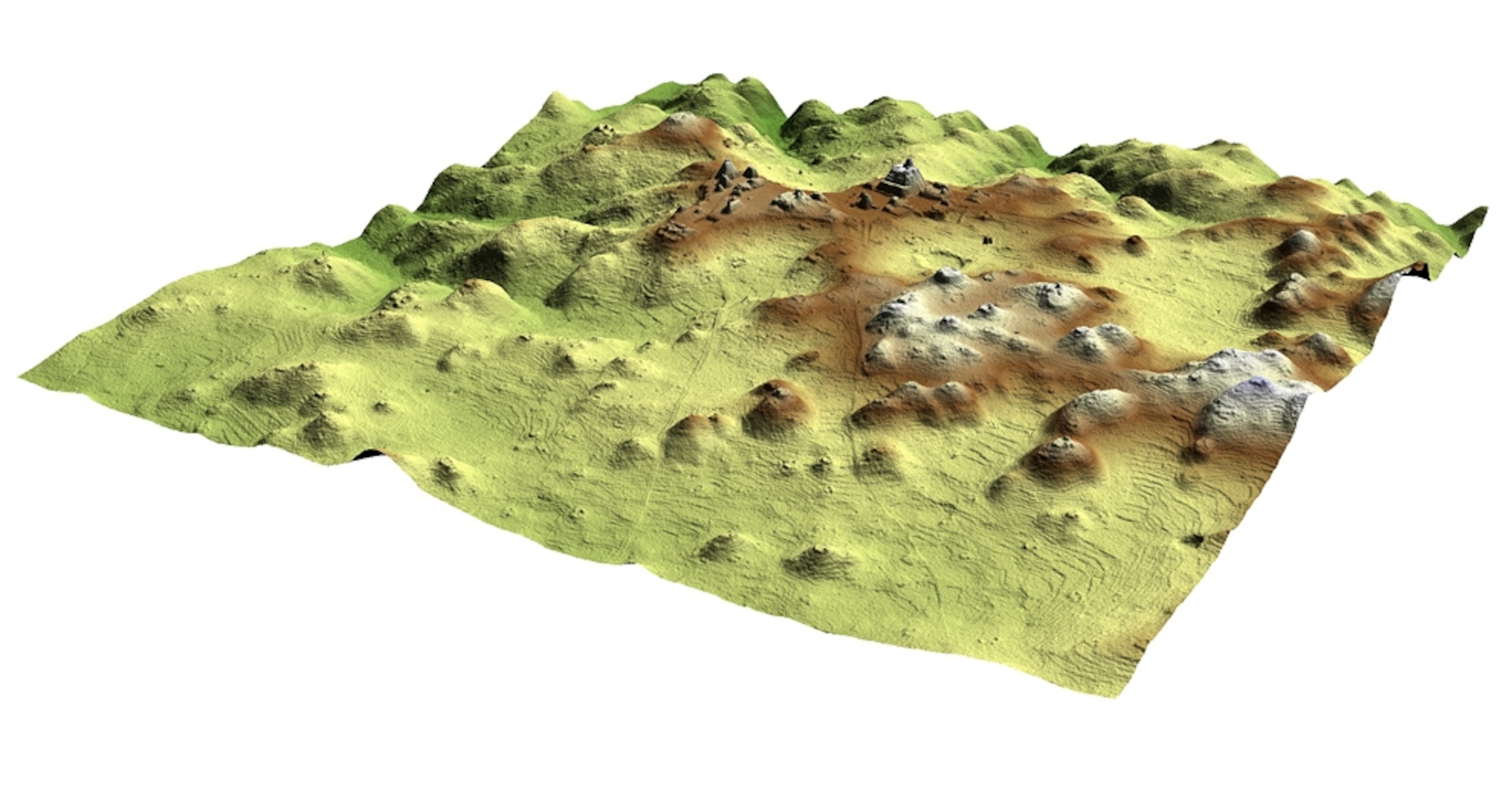 A 3-D map shows the buildings and topography of an ancient Maya city.
