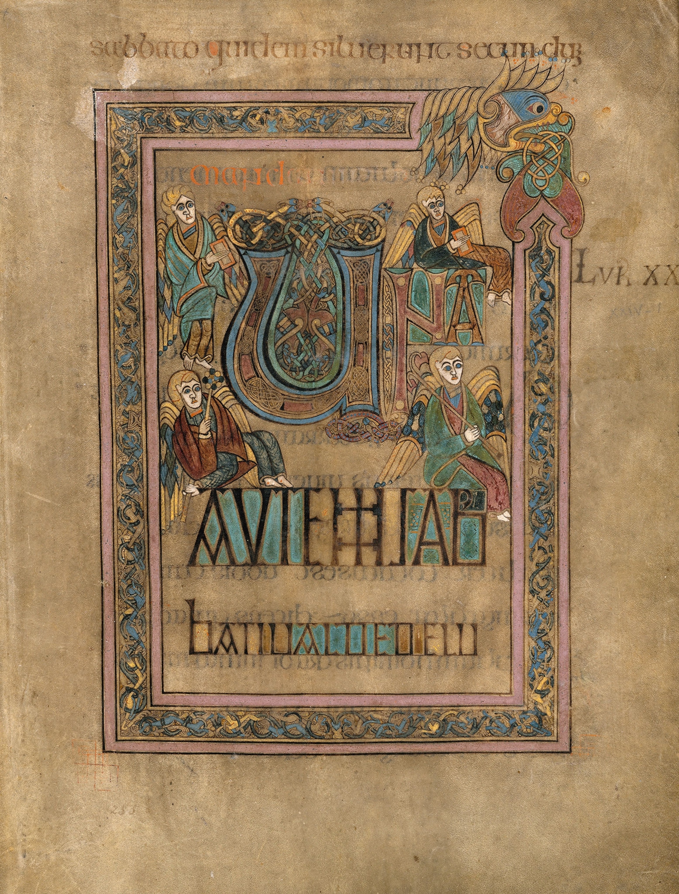 An old detailed illustration with angles and a fish like creature decorating the boarder.