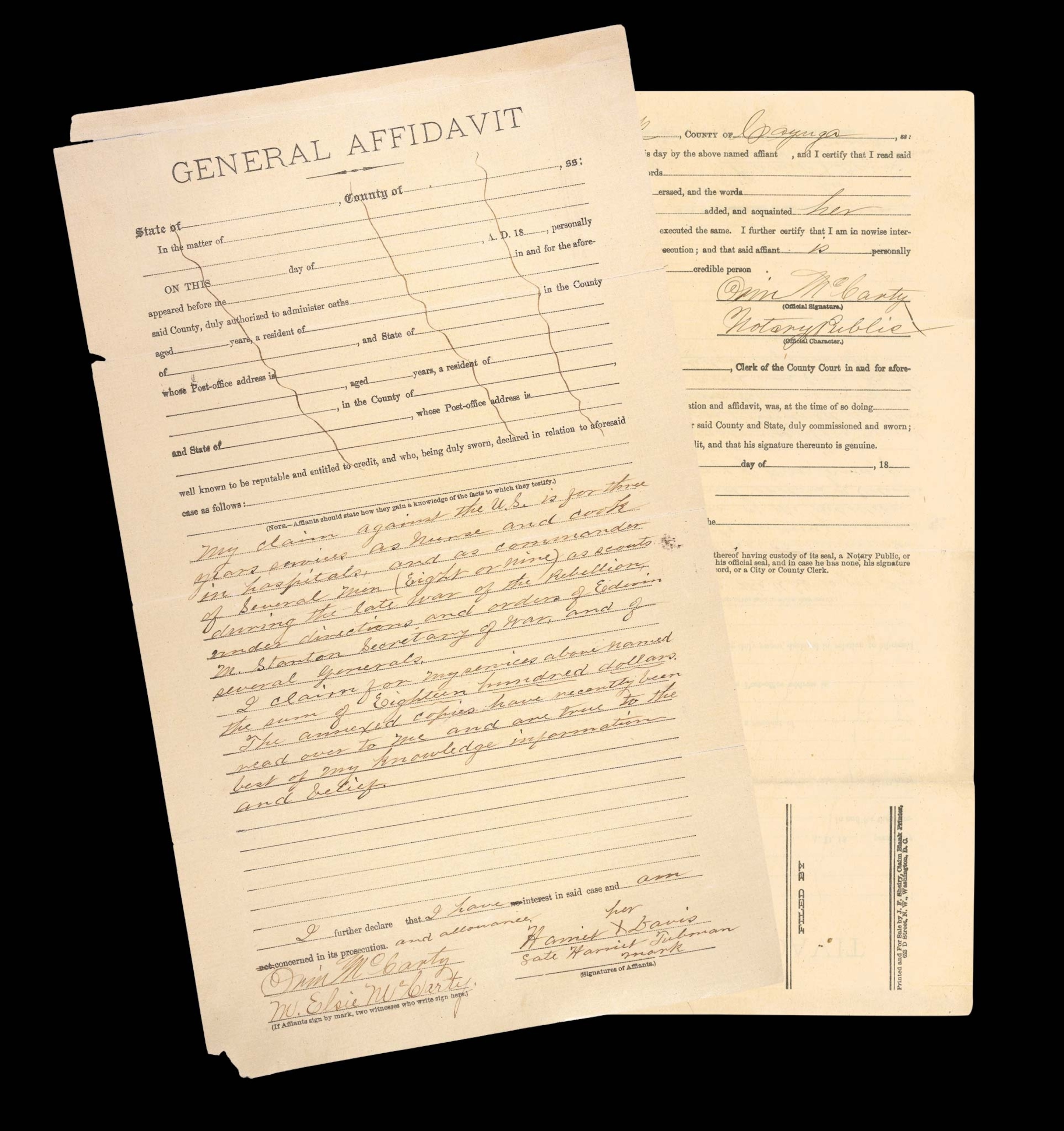 The General Affidavit bearing Harriet Tubman's signature as part of the fight for her military pension, circa 1898.