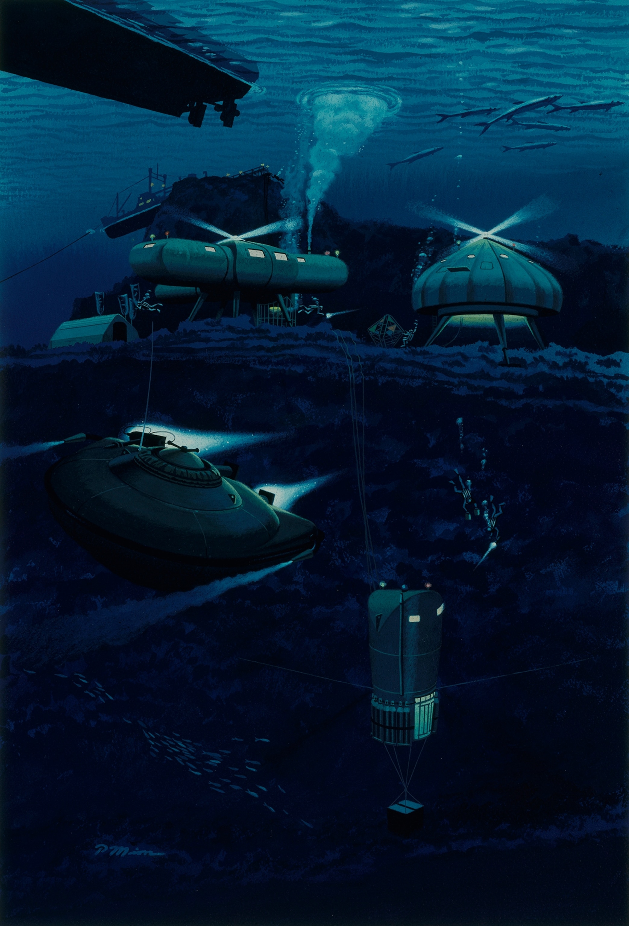 A painting depicts various vessels of an underwater research complex.