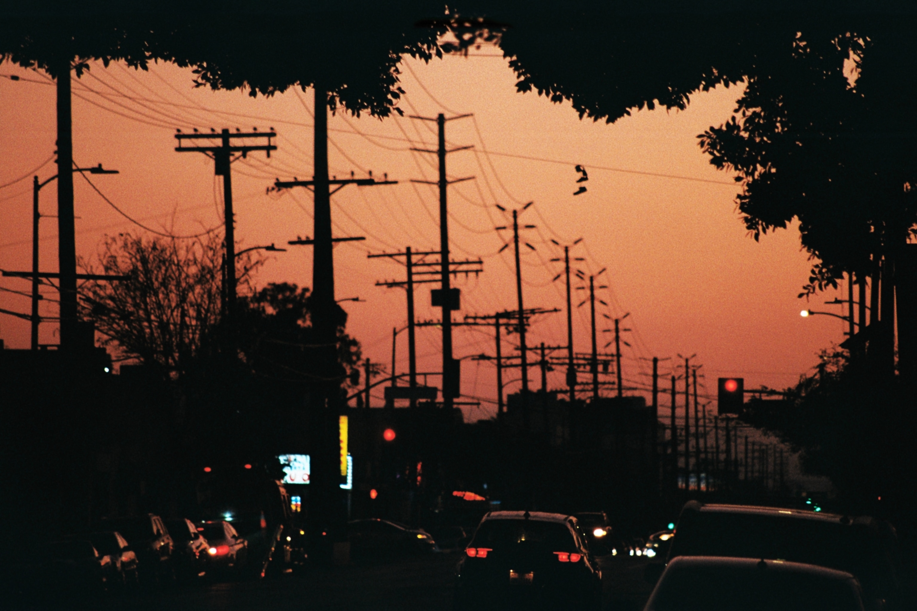 Lots of traffic during sunset on Santa Monica Blvd in Los Angeles.
