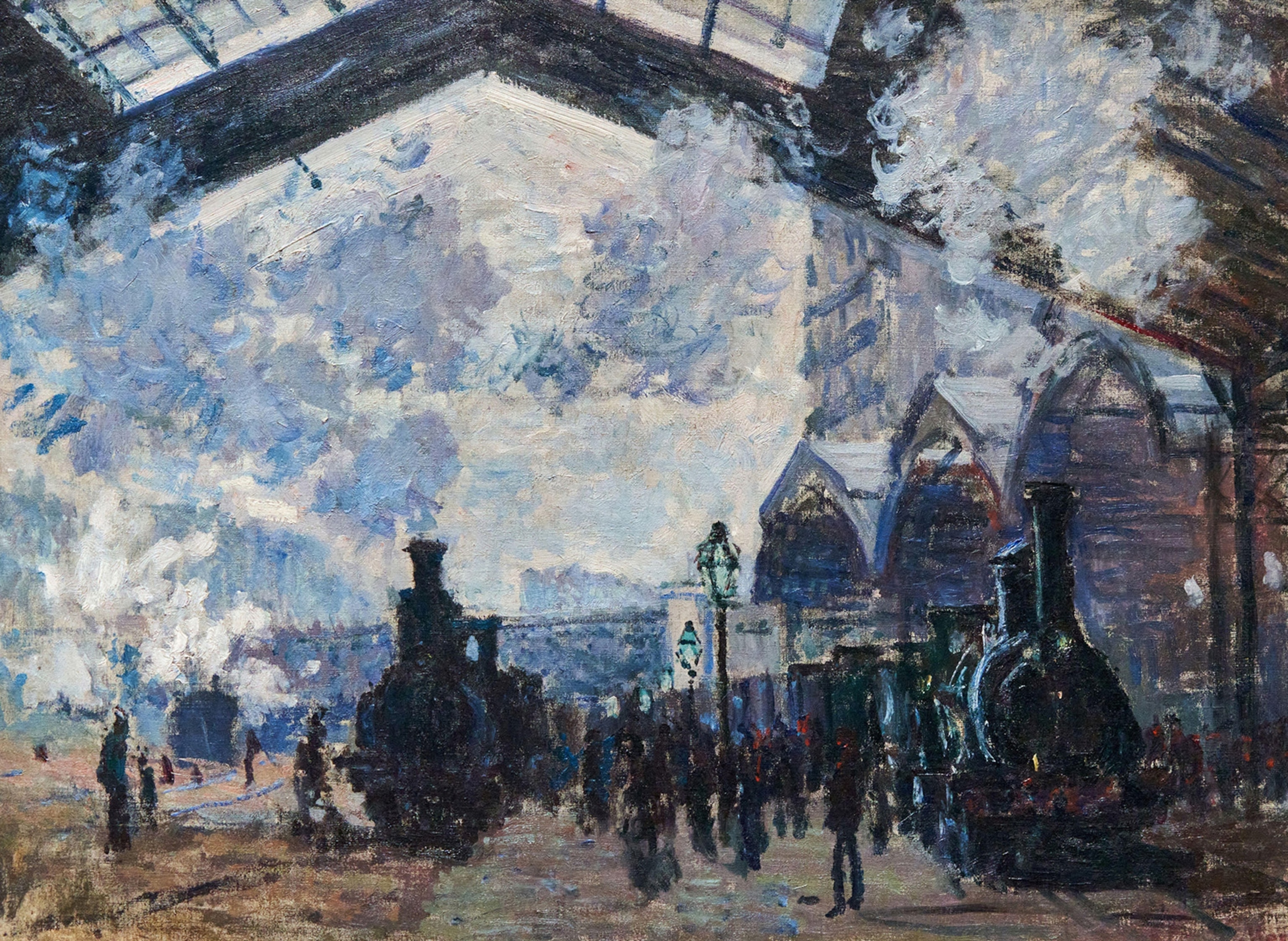 Oil painting of train station platform with a steam train pulling away in hues of blue and gray.
