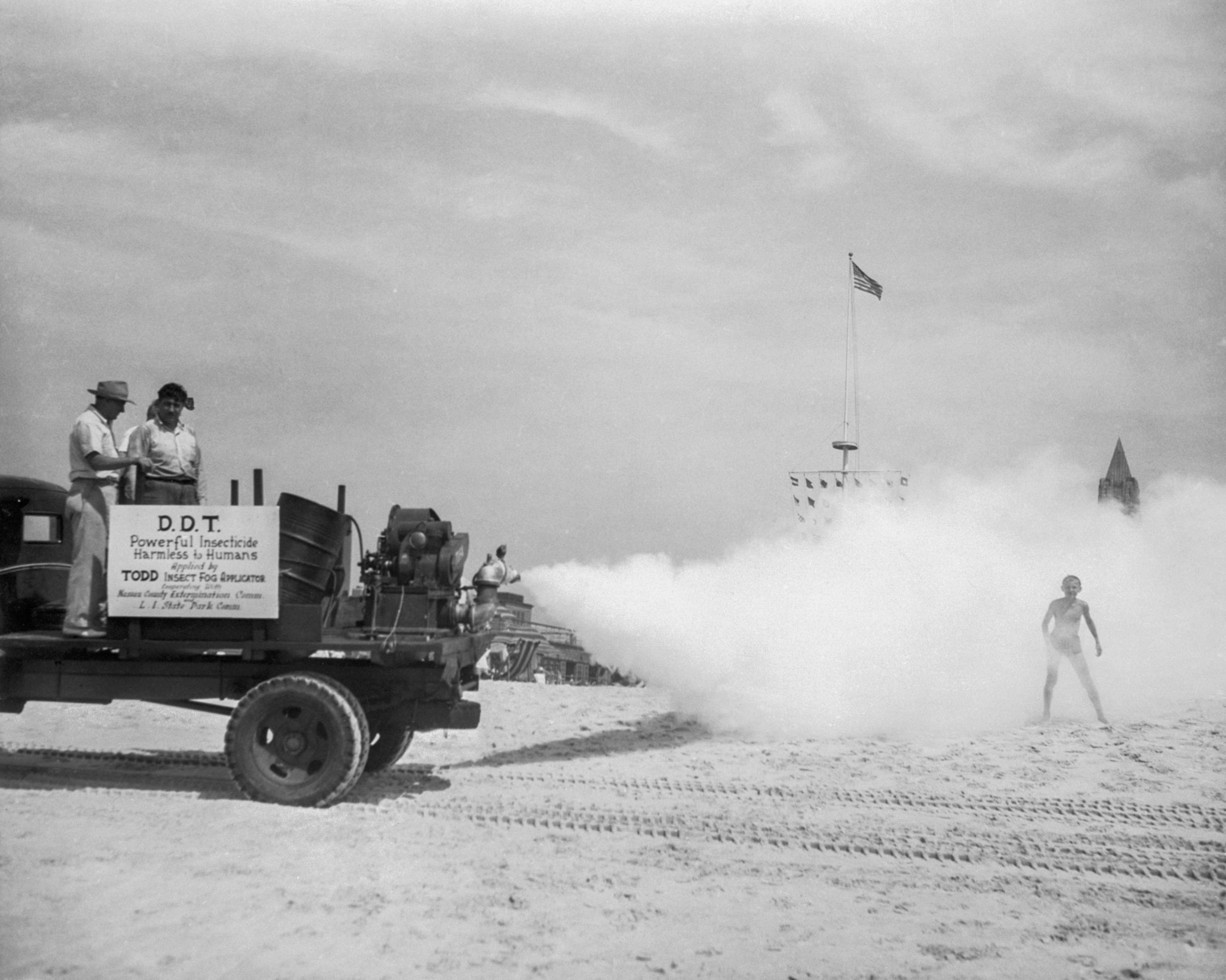 men spraying DDT on the beach