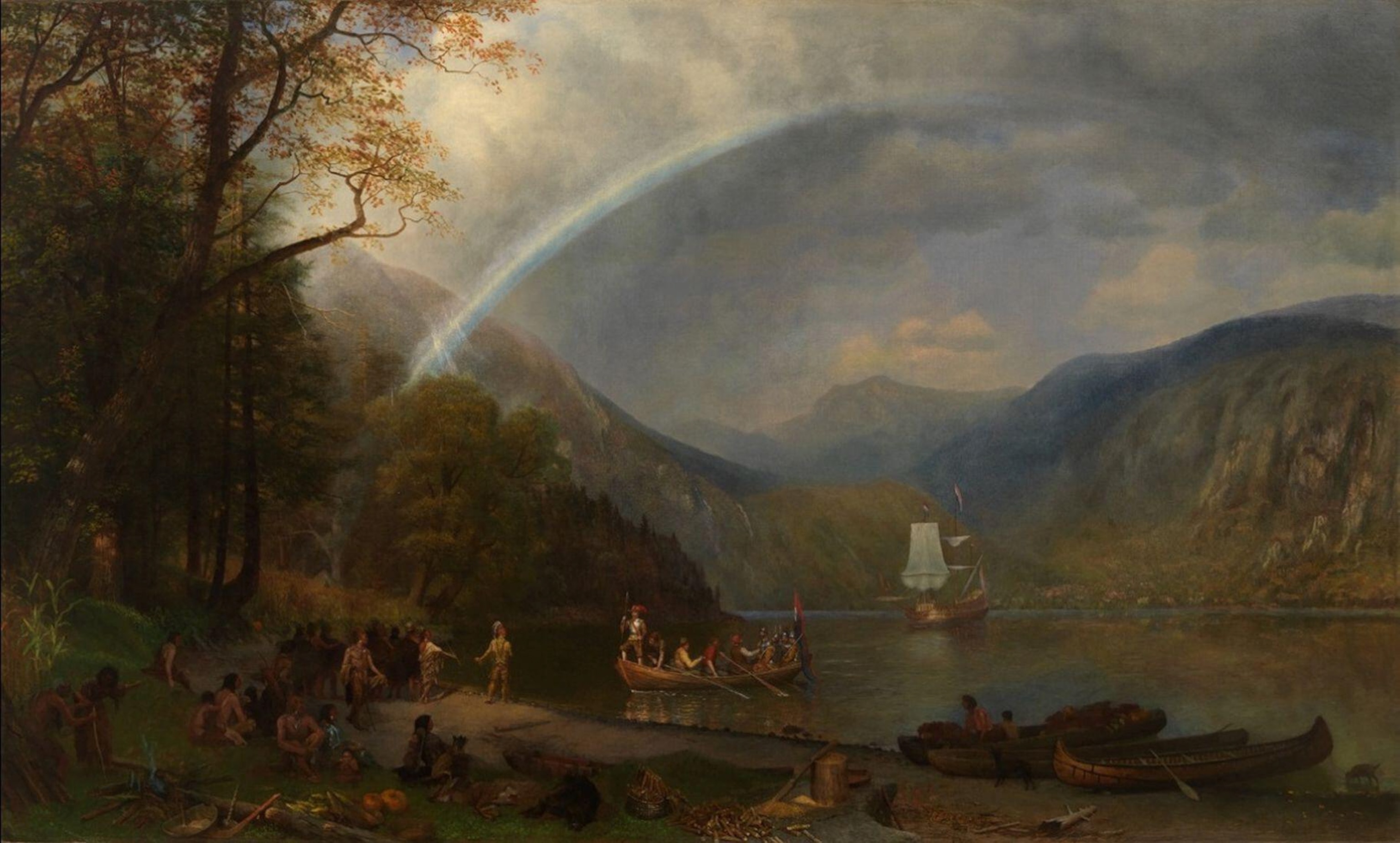 A serene landscape with a rainbow arching over a calm river, surrounded by forested mountains. Canoes and a sailboat are on the river, with people gathered by the shore