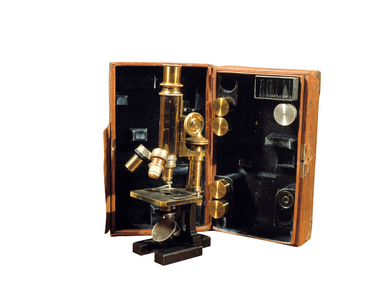old microscope outside an orange briefcase