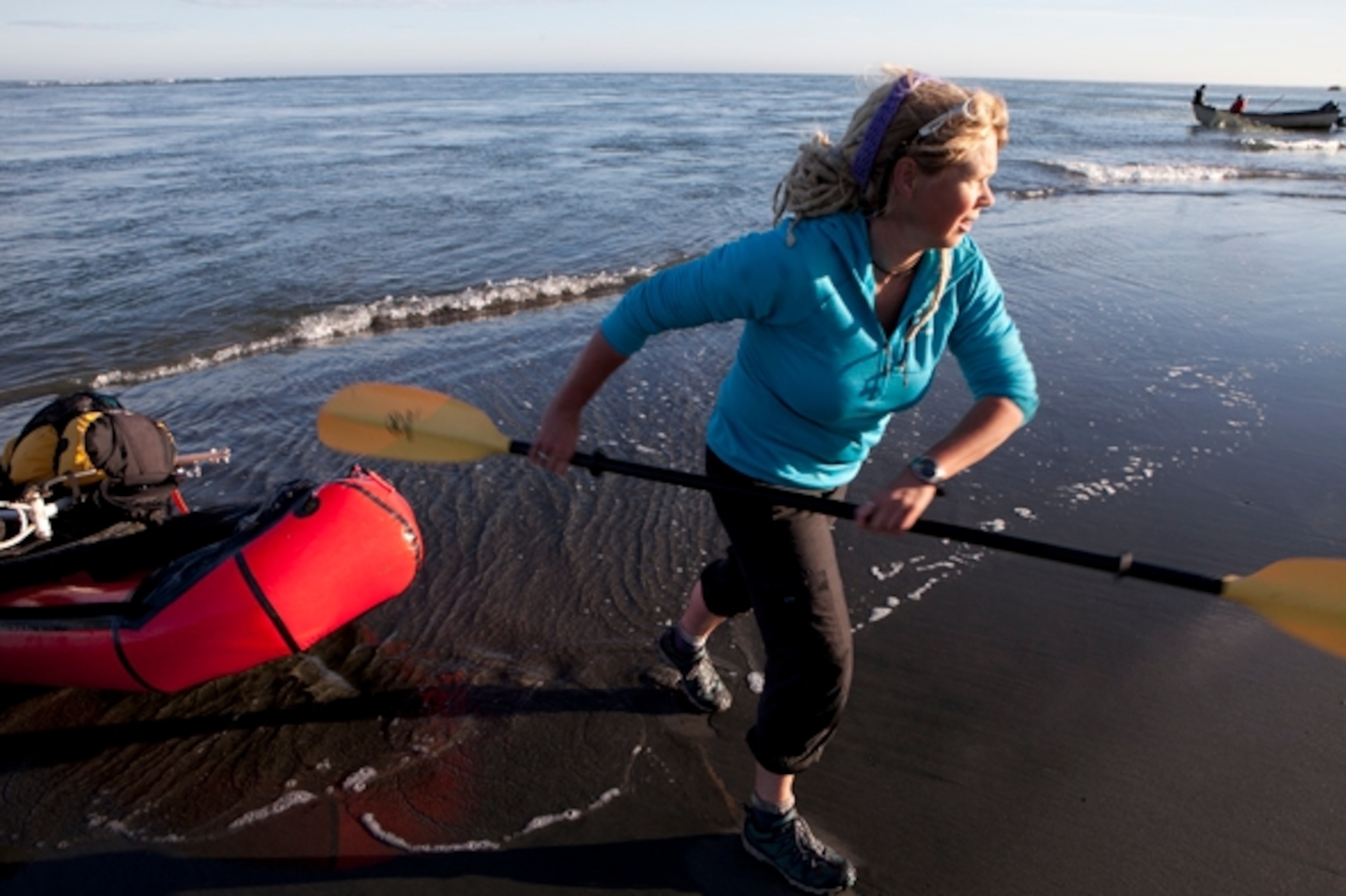 The outgoing current at Situk Lagoon proved to be too swift to cross, so we reversed course and paddled back to the beach where we started. For the remainder of the trip, any big water crossing would be done on an incoming tide; Photograph by Cameron Lawson