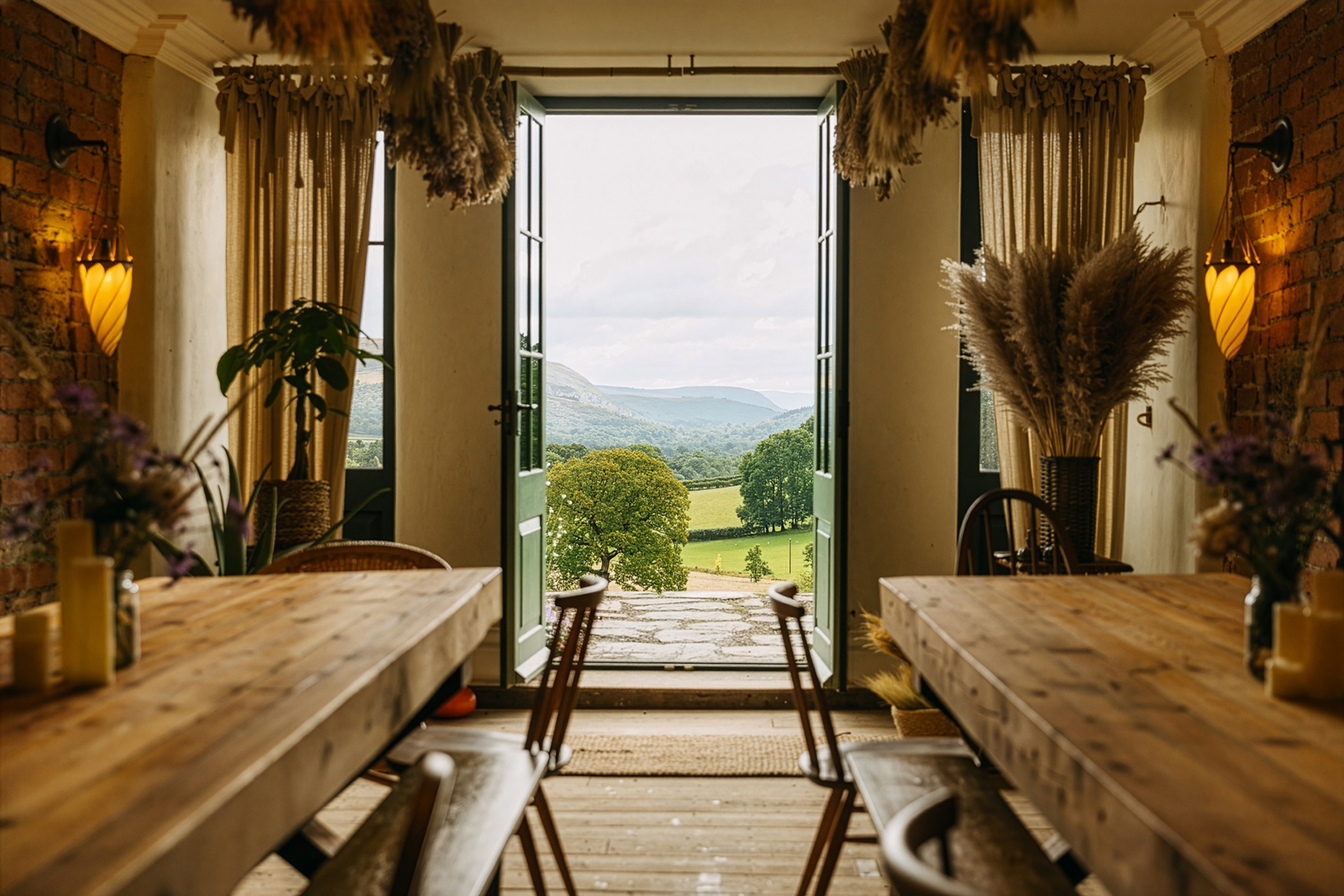 The interiors of a reworked barn with long wooden tables on either side and an open door leading out into a field with trees.