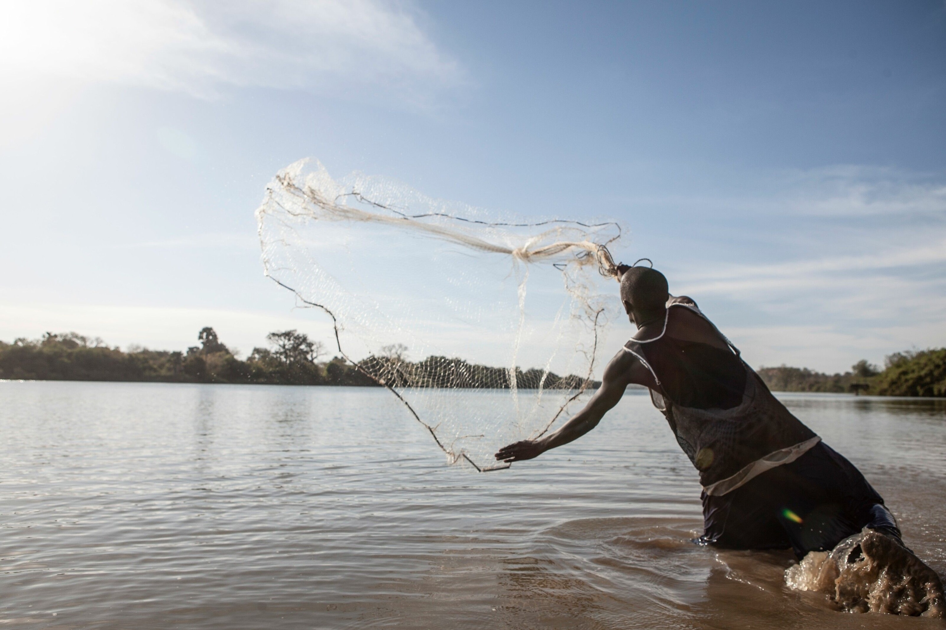 Mr Seeso, the alkalo of Karantaba Tenda throws his fishing net. Karantaba Tenda was where Scottish explorer Mungo Park set out from for two of his epic journeys in search of the Niger River over 200 years ago.
