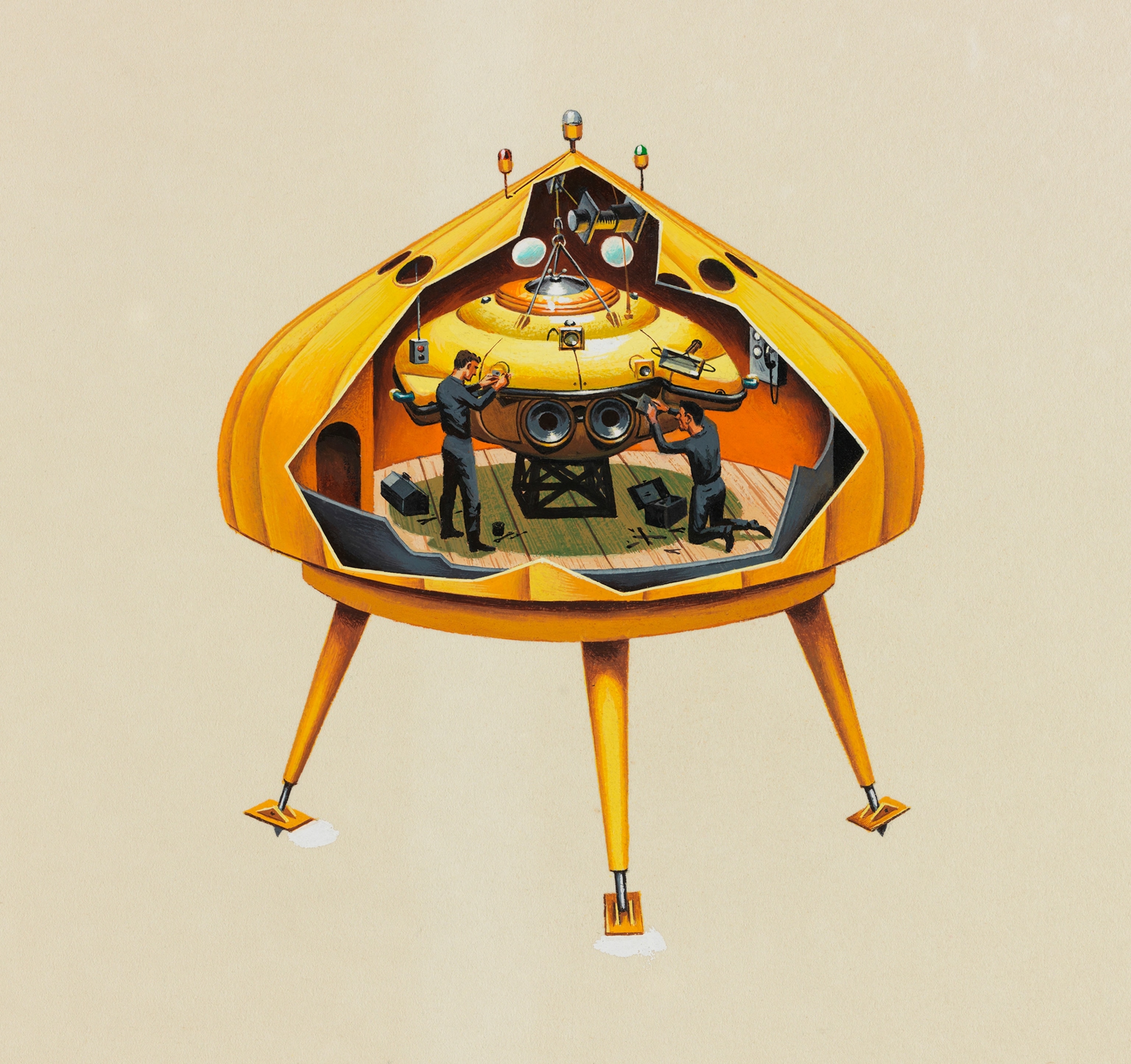 A drawing shows the layout of a submersible diving saucer hangar.