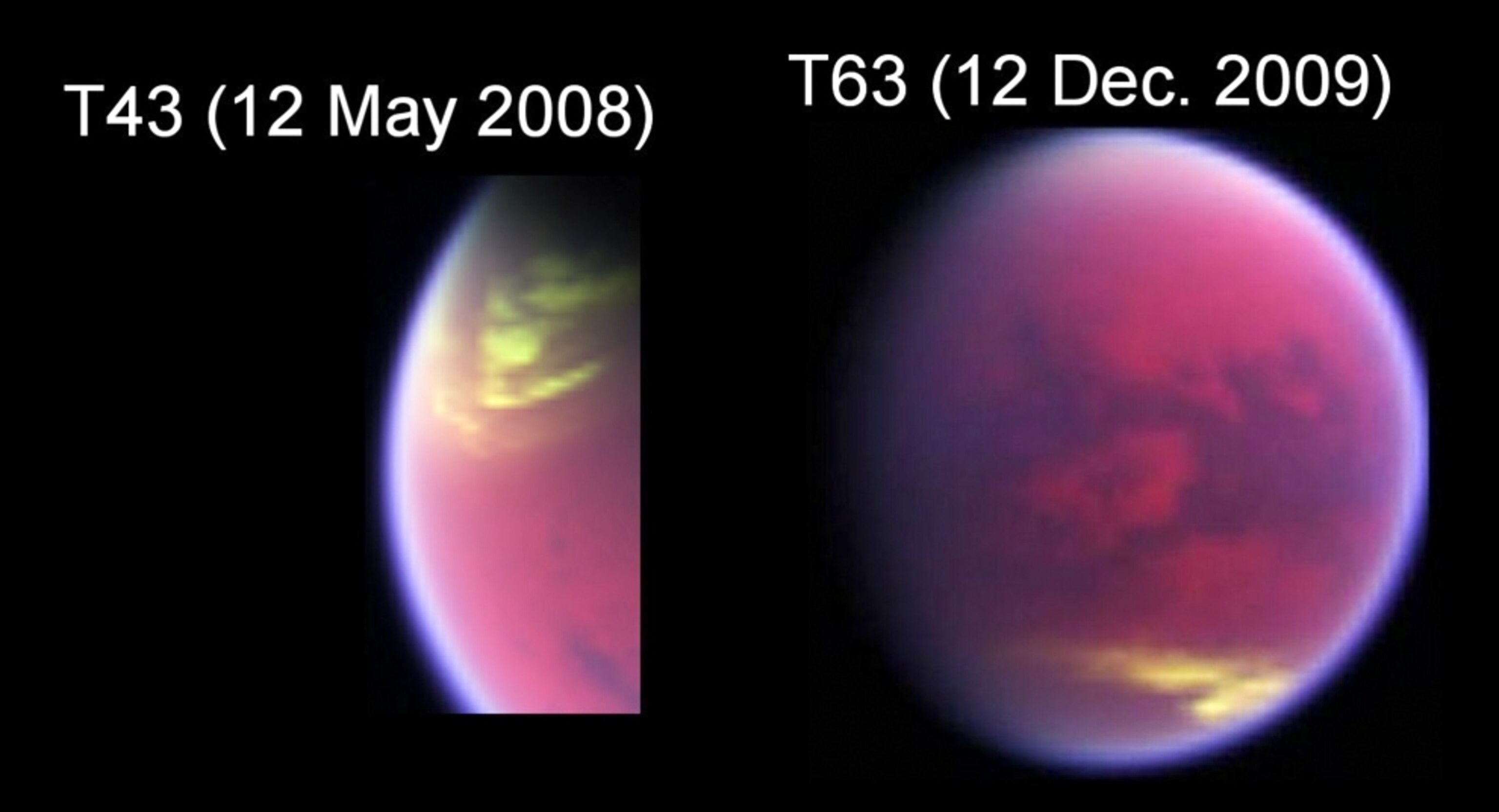 False-color picture of spring cloud cover on Saturn's moon Titan.
