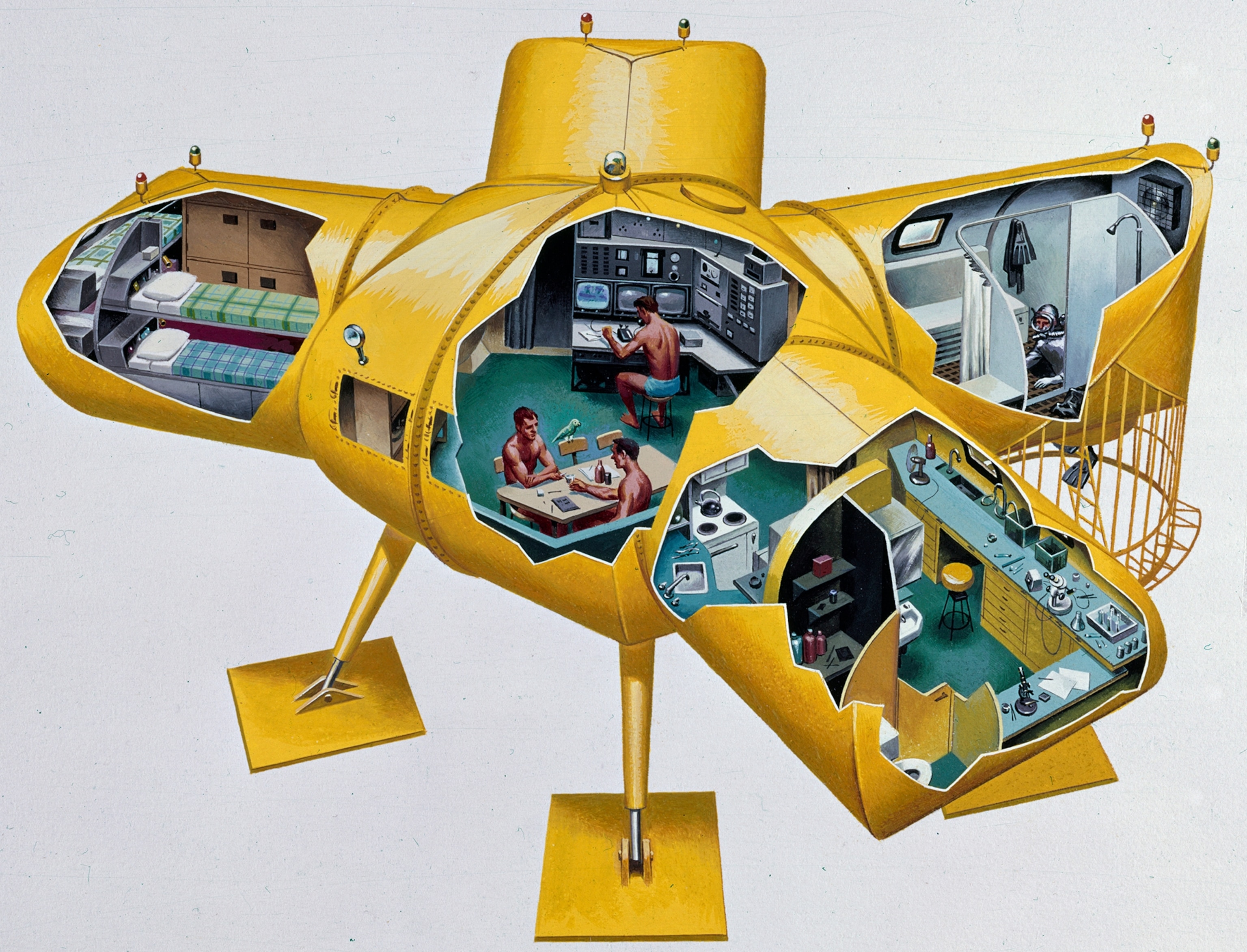 A cutaway drawing depicts the layout of a submersible research vessel.