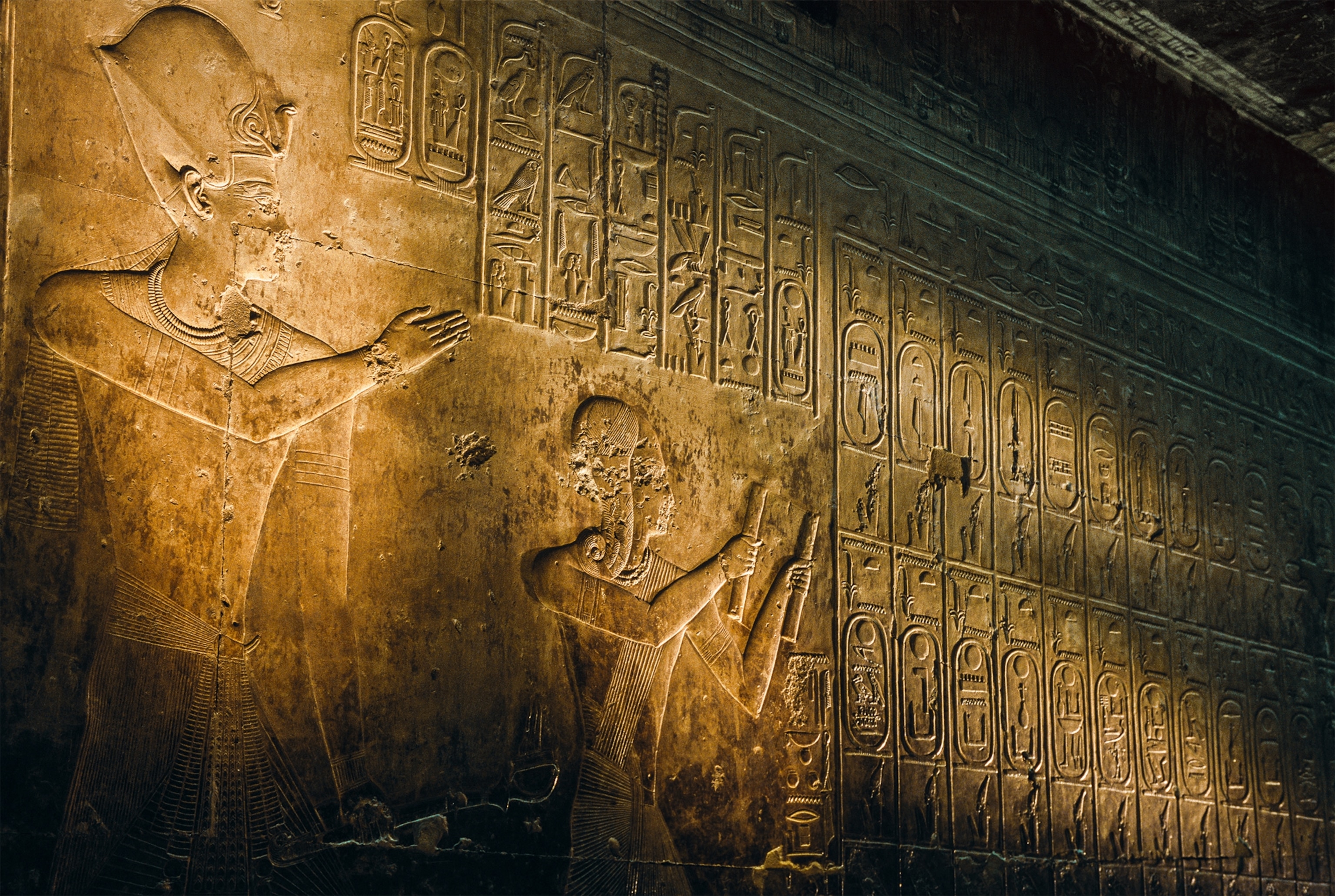 The future Ramses II is depicted in front of the king list inscribed on the walls of the temple of his father, Seti I.