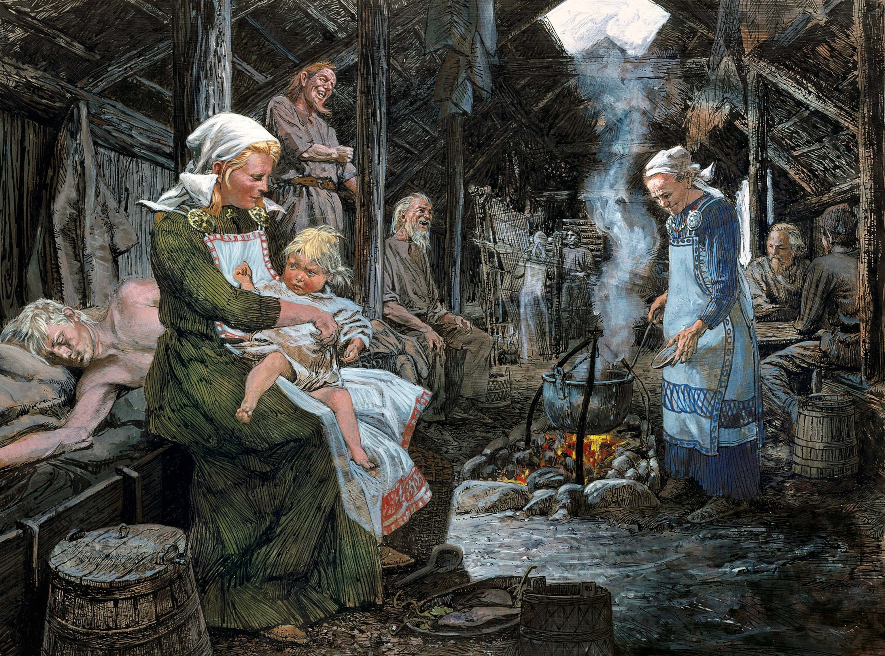 Gudríd, wife of Thorfinn Karlsefni, is depicted with her son Snorri, the first known European to be born in the Western Hemisphere, in an illustration by Louis S. Glanzman.