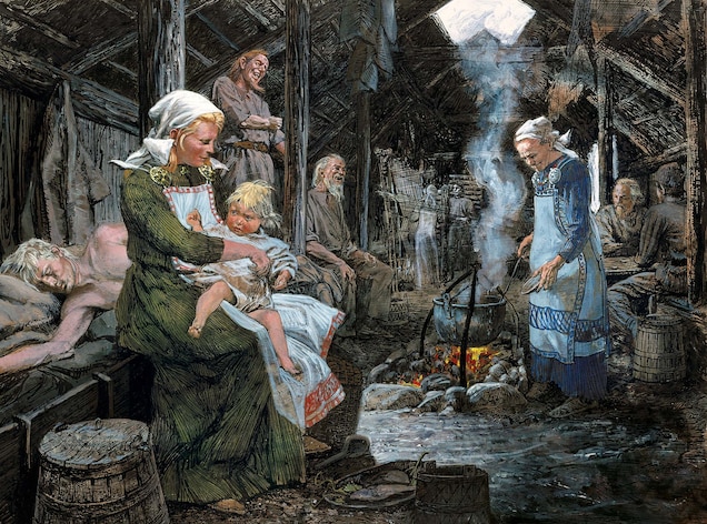 Gudríd, wife of Thorfinn Karlsefni, is depicted with her son Snorri, the first known European to be born in the Western Hemisphere, in an illustration by Louis S. Glanzman.