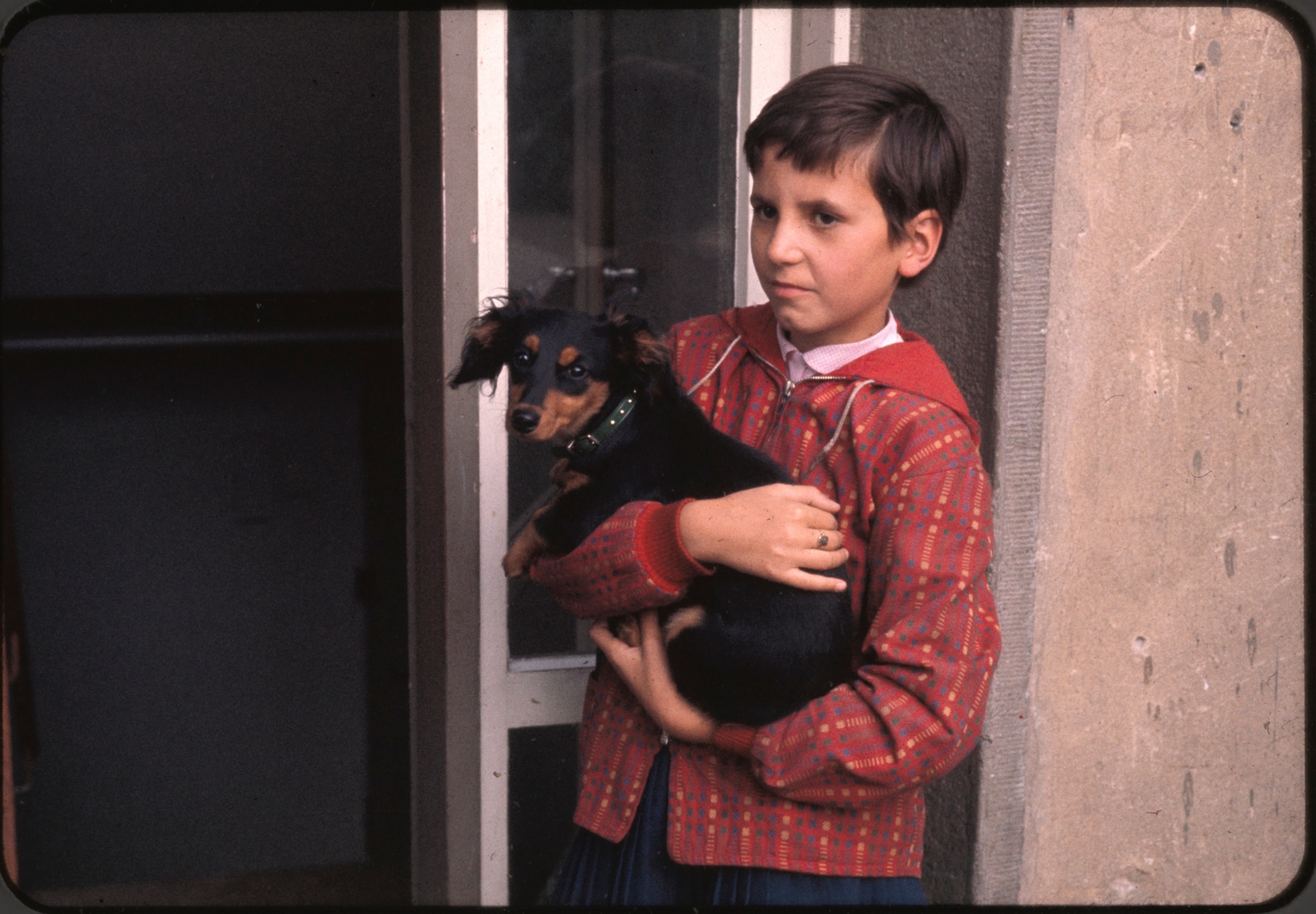 Inseparable companions, youngster and dog arrive at Marienfelde after escaping from East Germany. A quarter of all refugees were children of school age or younger. Many took their pets with then.
