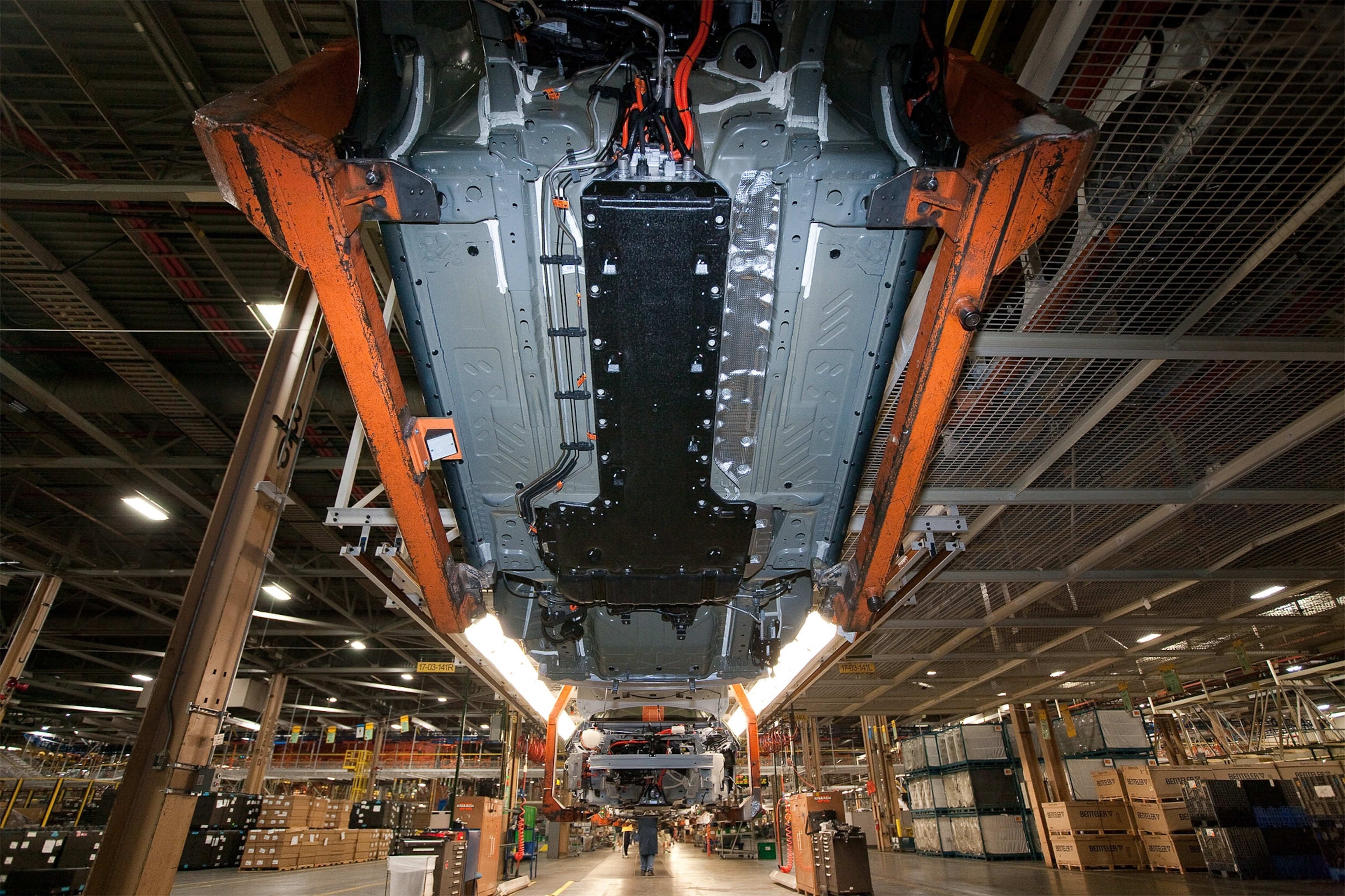 Battery picture - lithium-ion batteries on the underbelly of a Chevy Volt