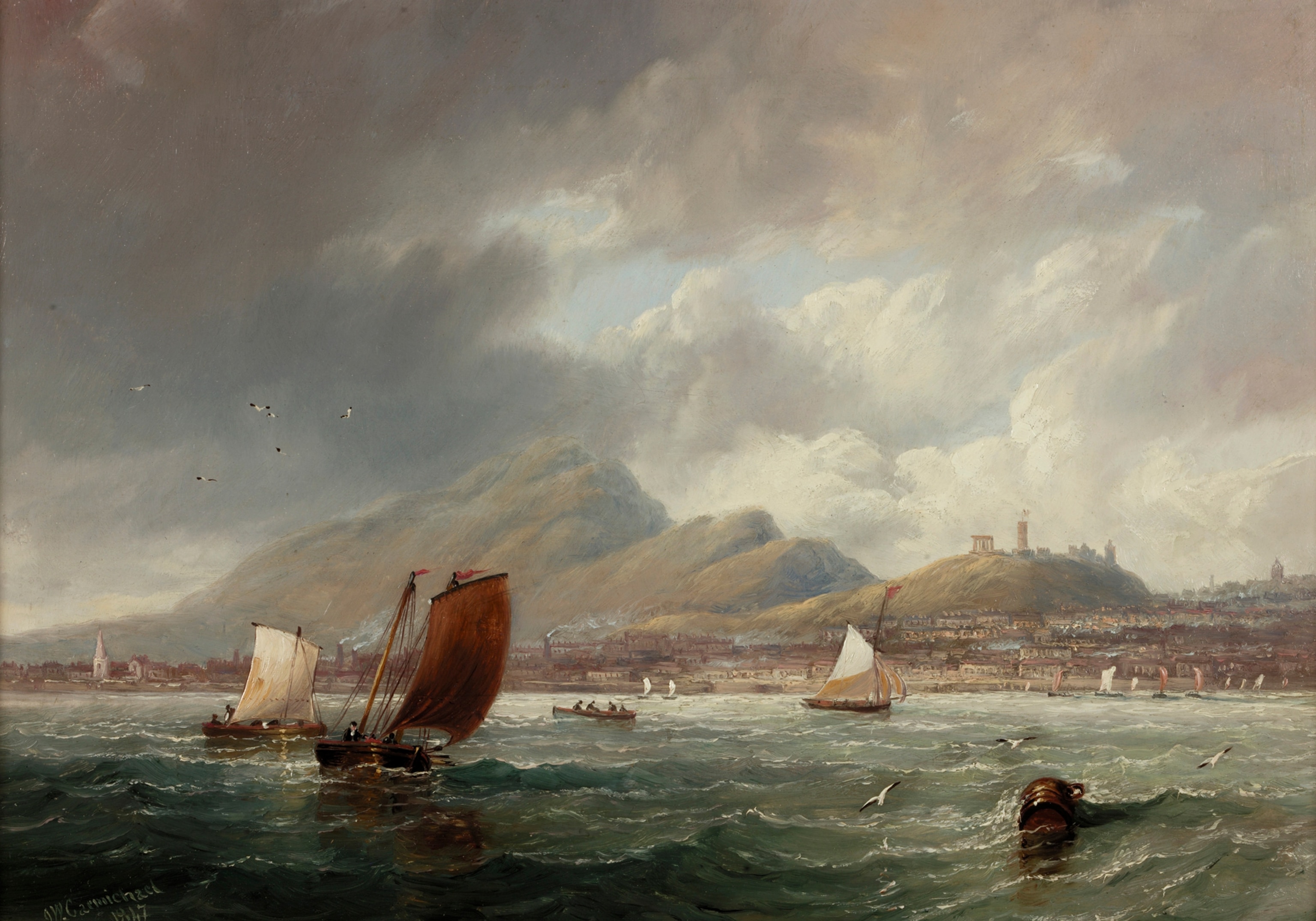 An oil painting of ships floating on choppy water against a stormy sky.