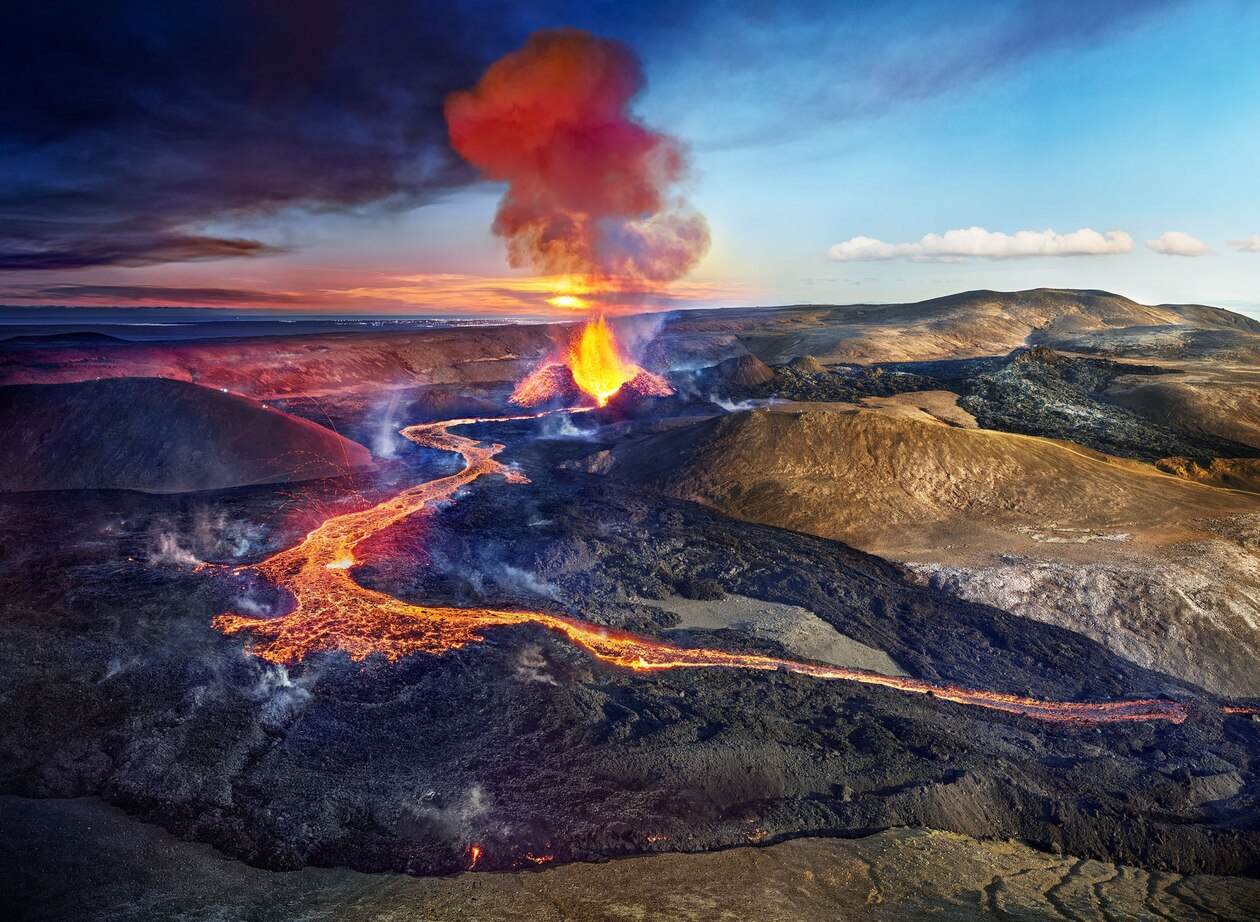 Picture of lava stream during daytime on the right and night on the left.