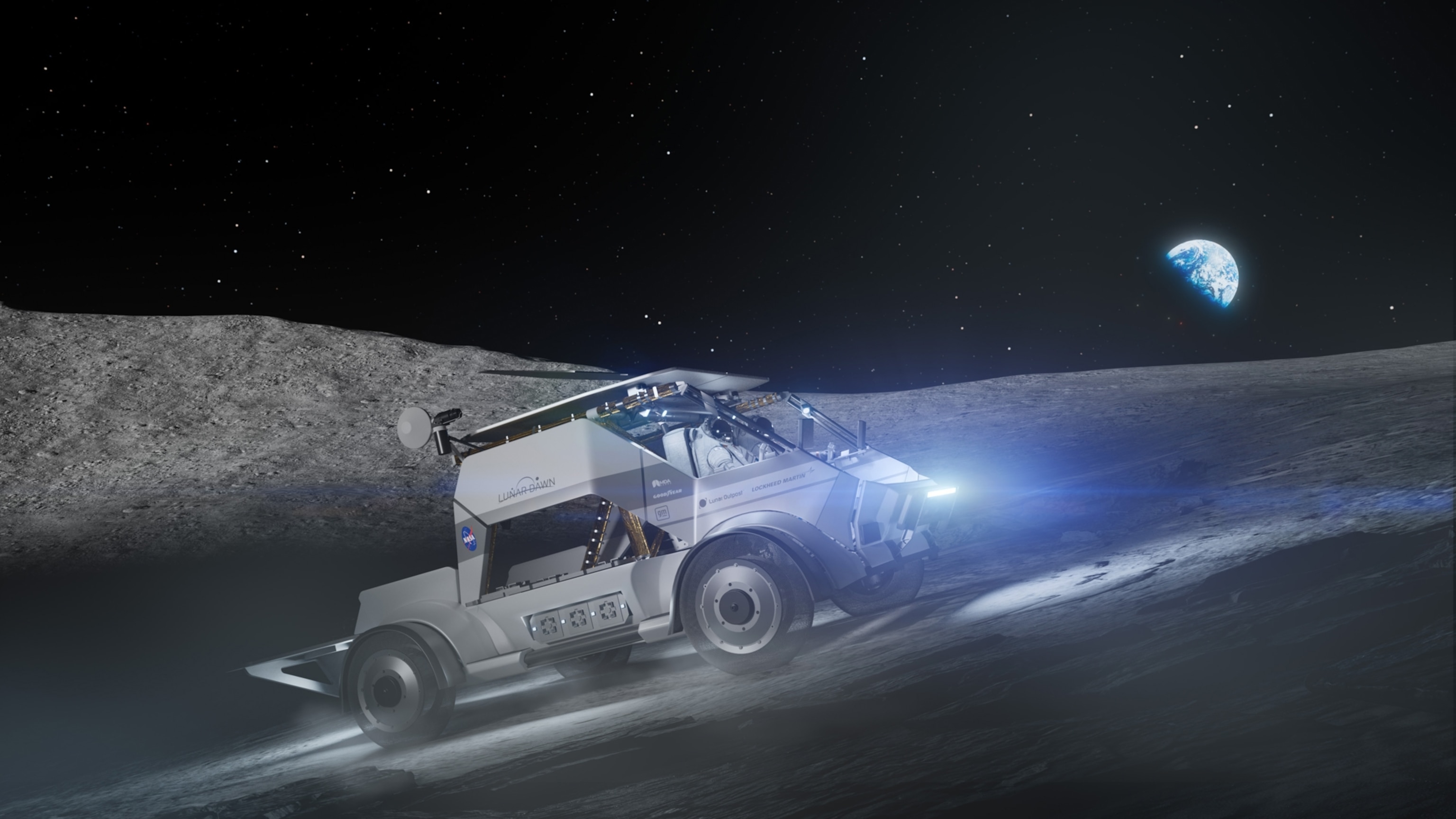 An illustration of the Lunar Dawn concept vehicle traversing the Moon's surface, with Earth rising off the horizon.