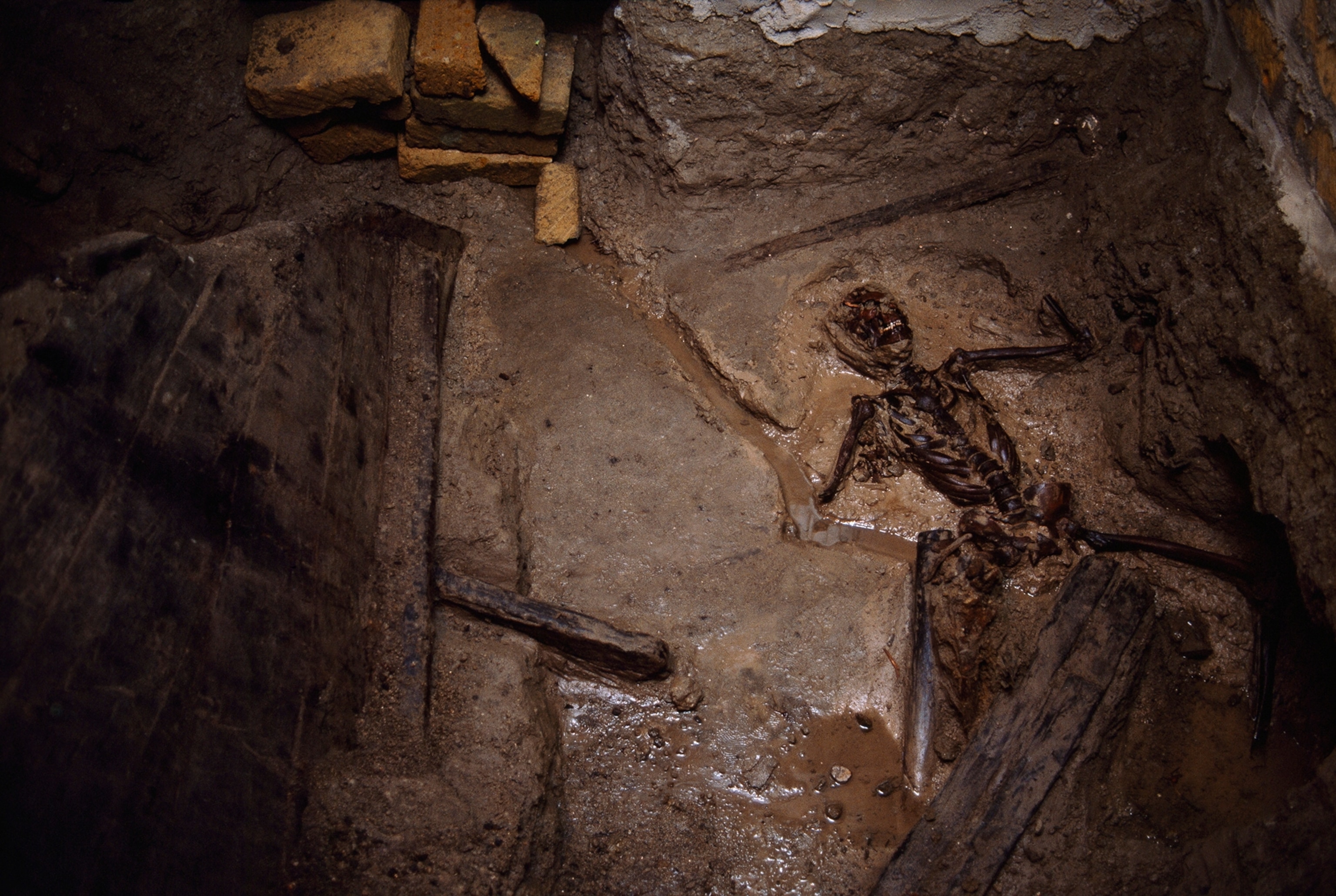 The skeleton of man emerges from the thick ash of Mt. Vesuvius.