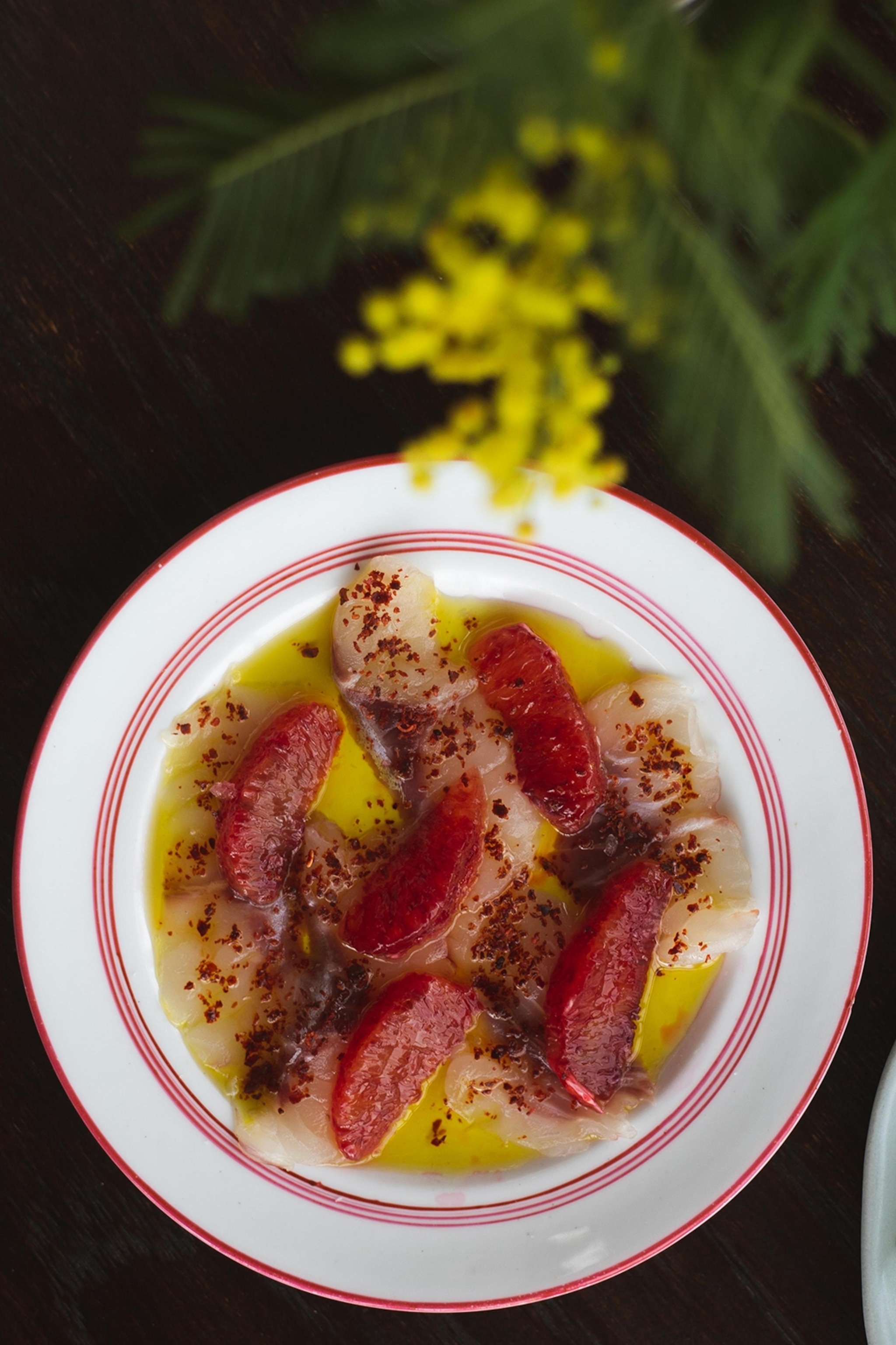 A plate of fish crudo with blood orange.