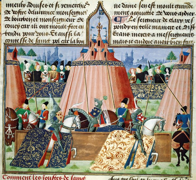A 15th-century Flemish miniature of a jousting scene appears in an edition of Jean Froissart&rsquo;s Chronicles, written during the previous century.