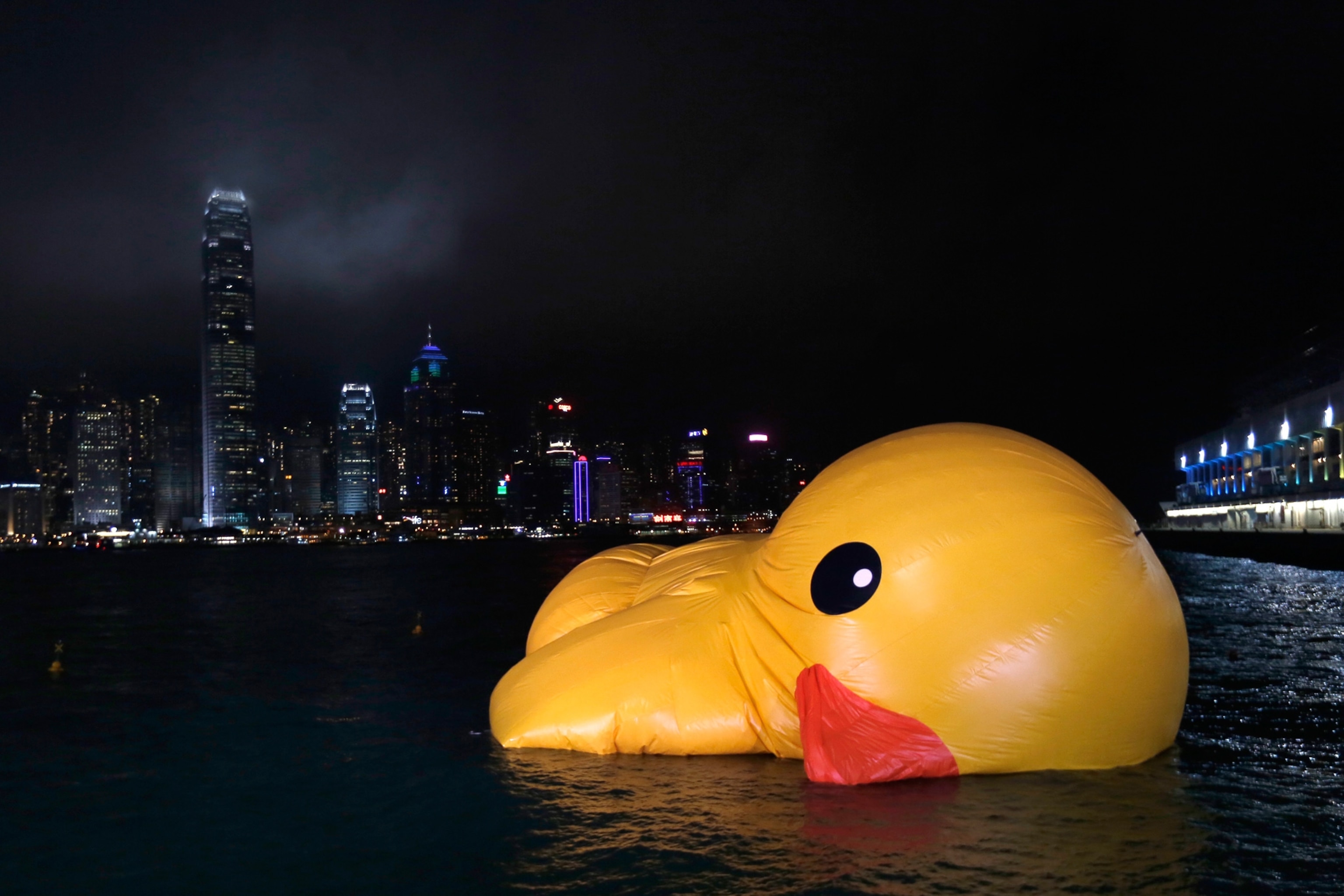 a deflated rubber duck in Victoria Harbour, Hong Kong.