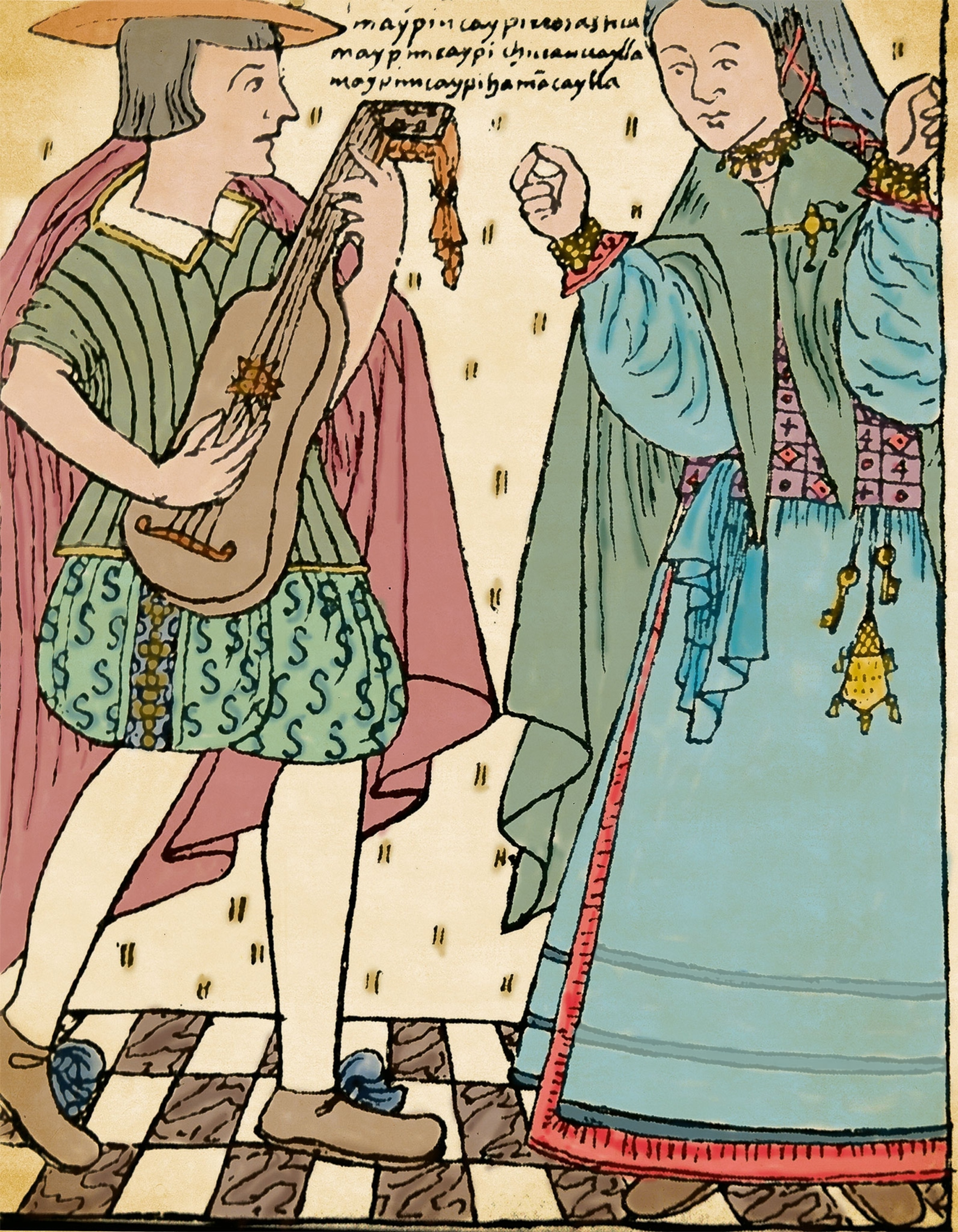 An illustration of a criolla woman next to a man playing an instrument