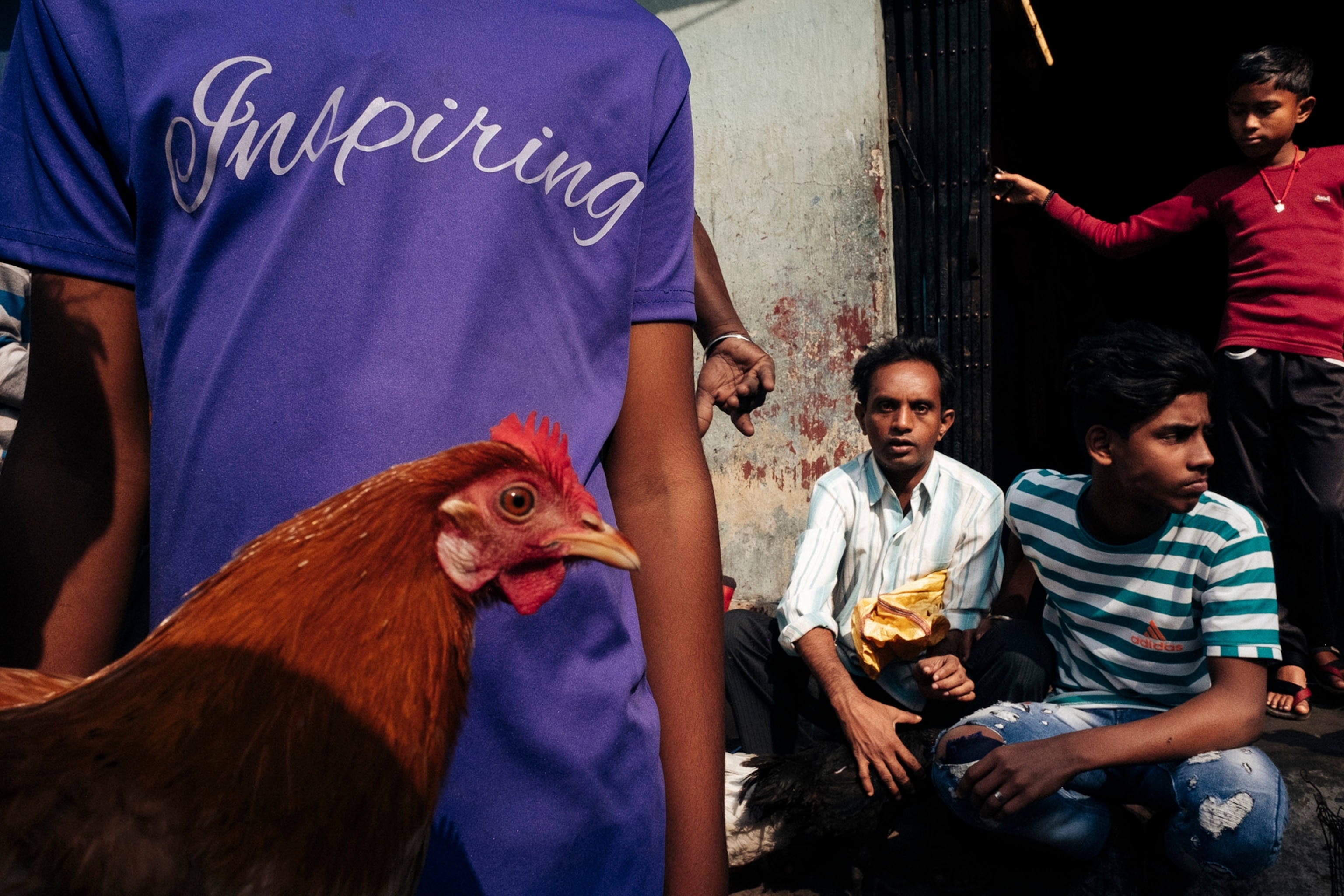 Four men, one wearing a purple t-shirt that says "inspiring," sit in front of a red hen.