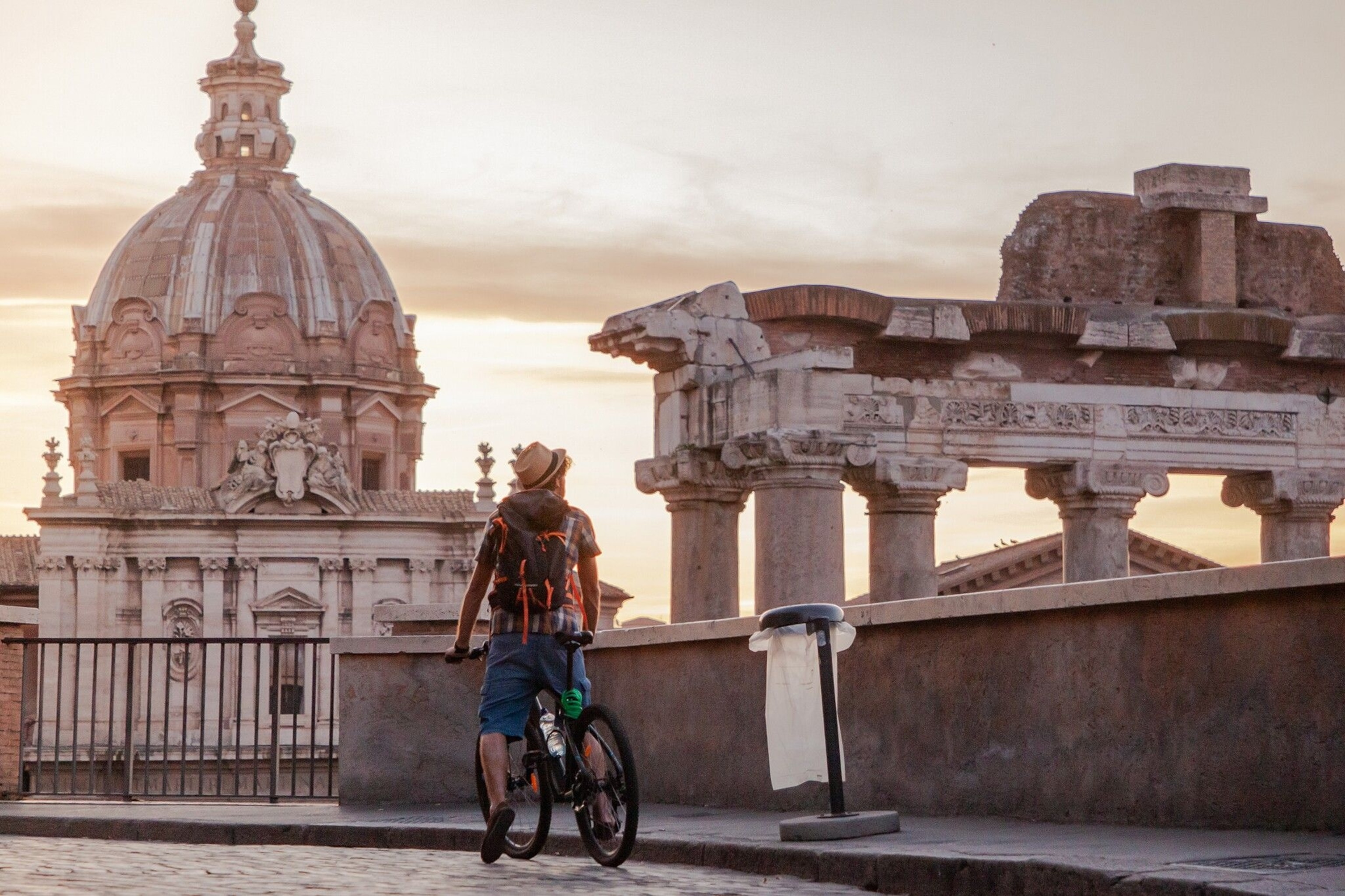 Cycling the cobbled streets around the Roman Forum in Italy’s ancient capital.