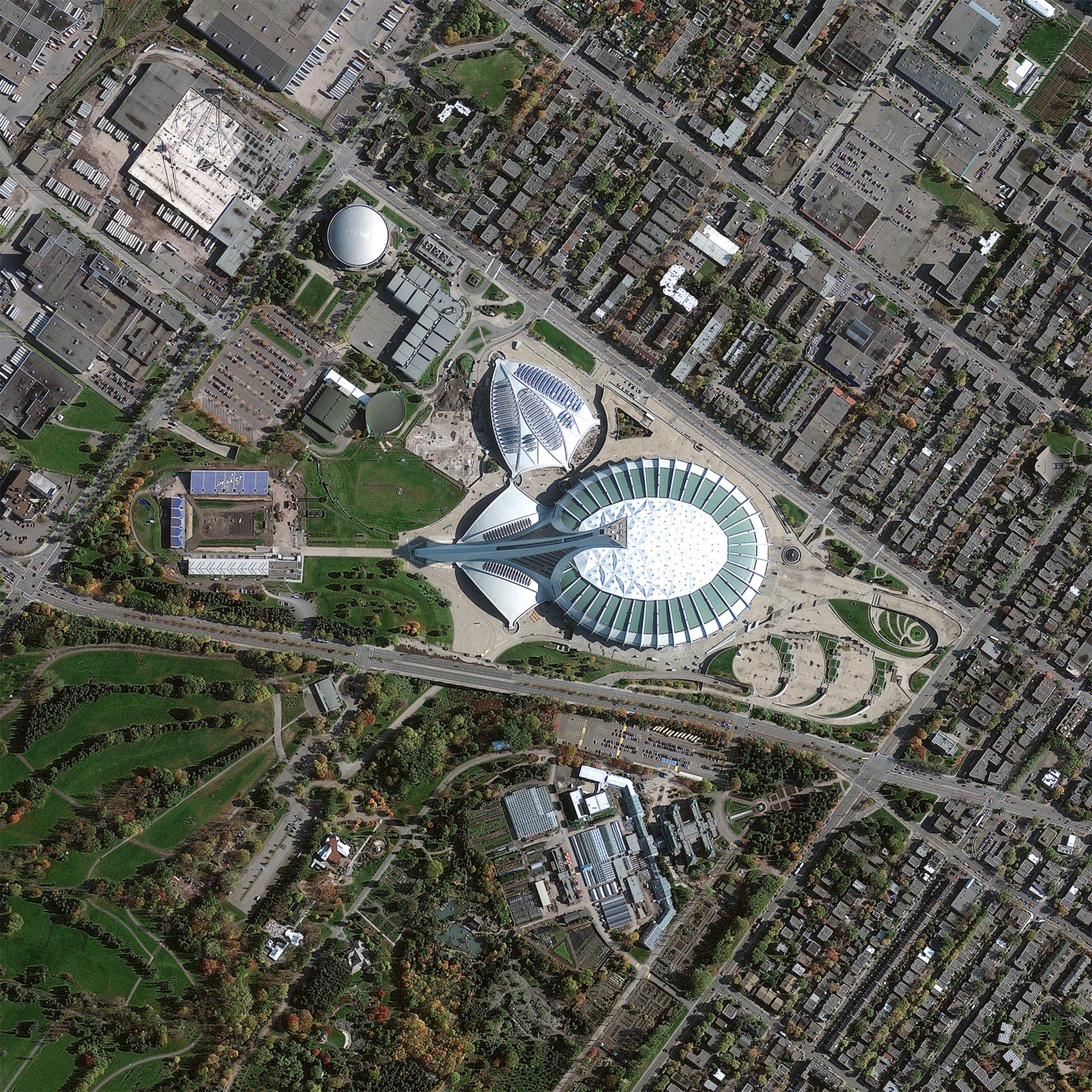 A general aerial view of the Olympic Stadium (L) and Aquatic Centre at the 2012 Olympic Park on June 28,2012 in Stratford,London,England. (Photo by Jason Hawkes/Getty Images)