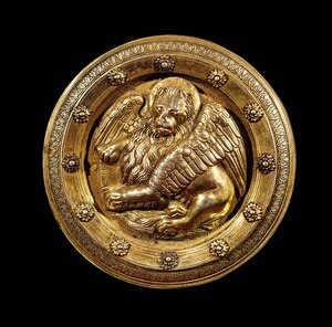 A winged lion appears on the cover of a 17th- or 18th-century &ldquo;golden book,&rdquo; a compendium of information on Venetian noble families.