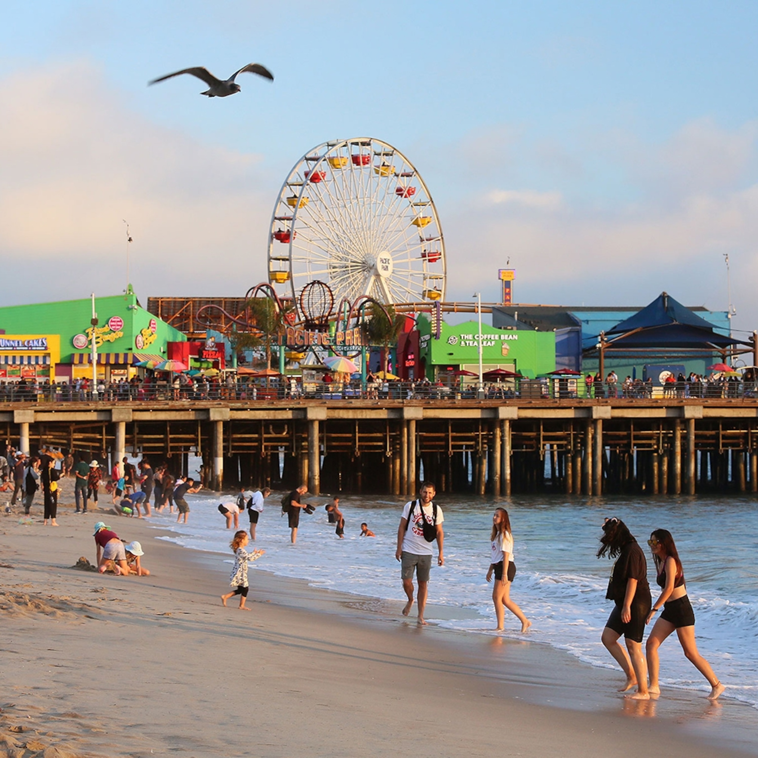 A busy beach scene with a pier in the background.