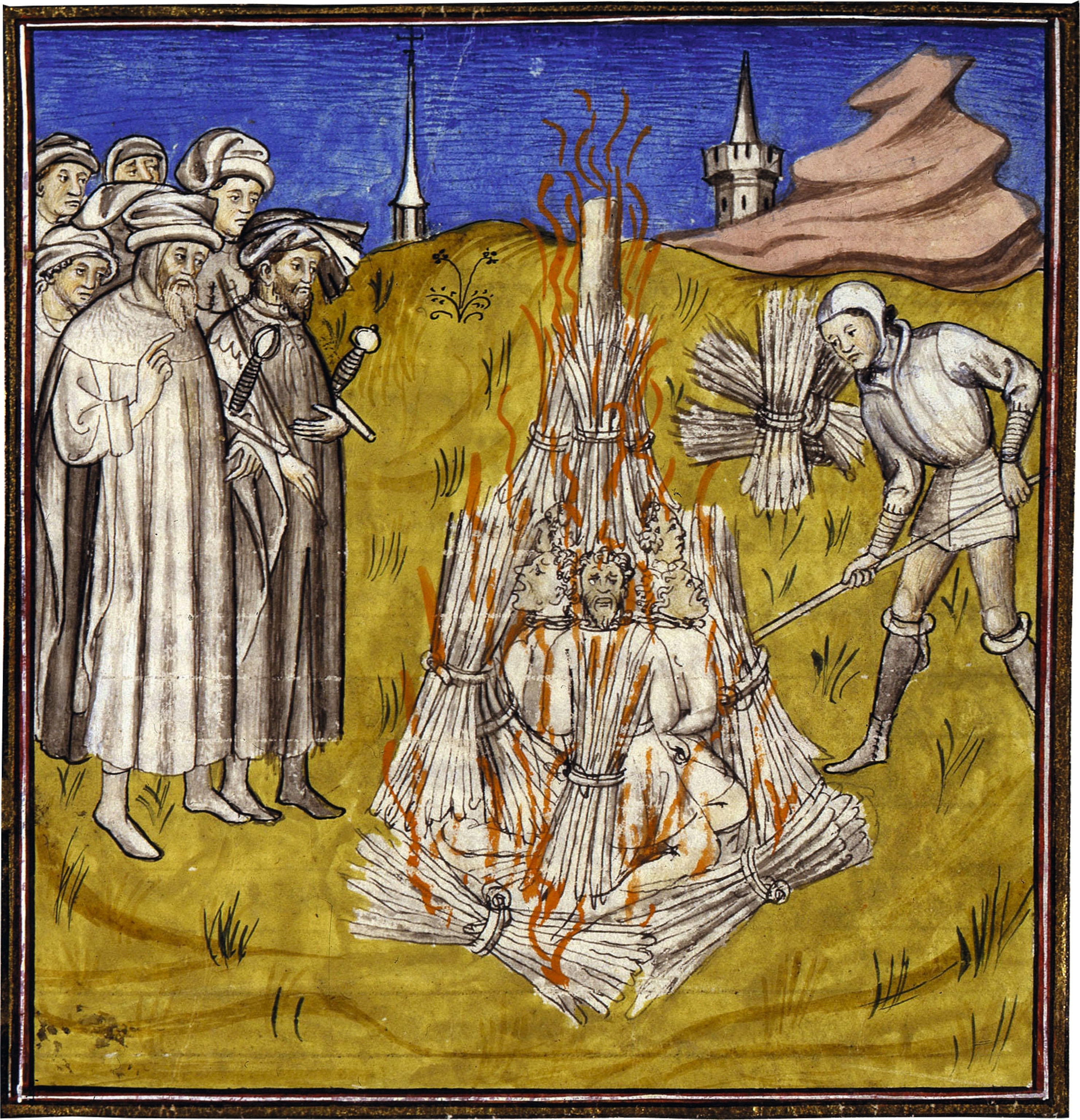 A miniature depicts the burning of Cathars before Philip II of France in 1209.