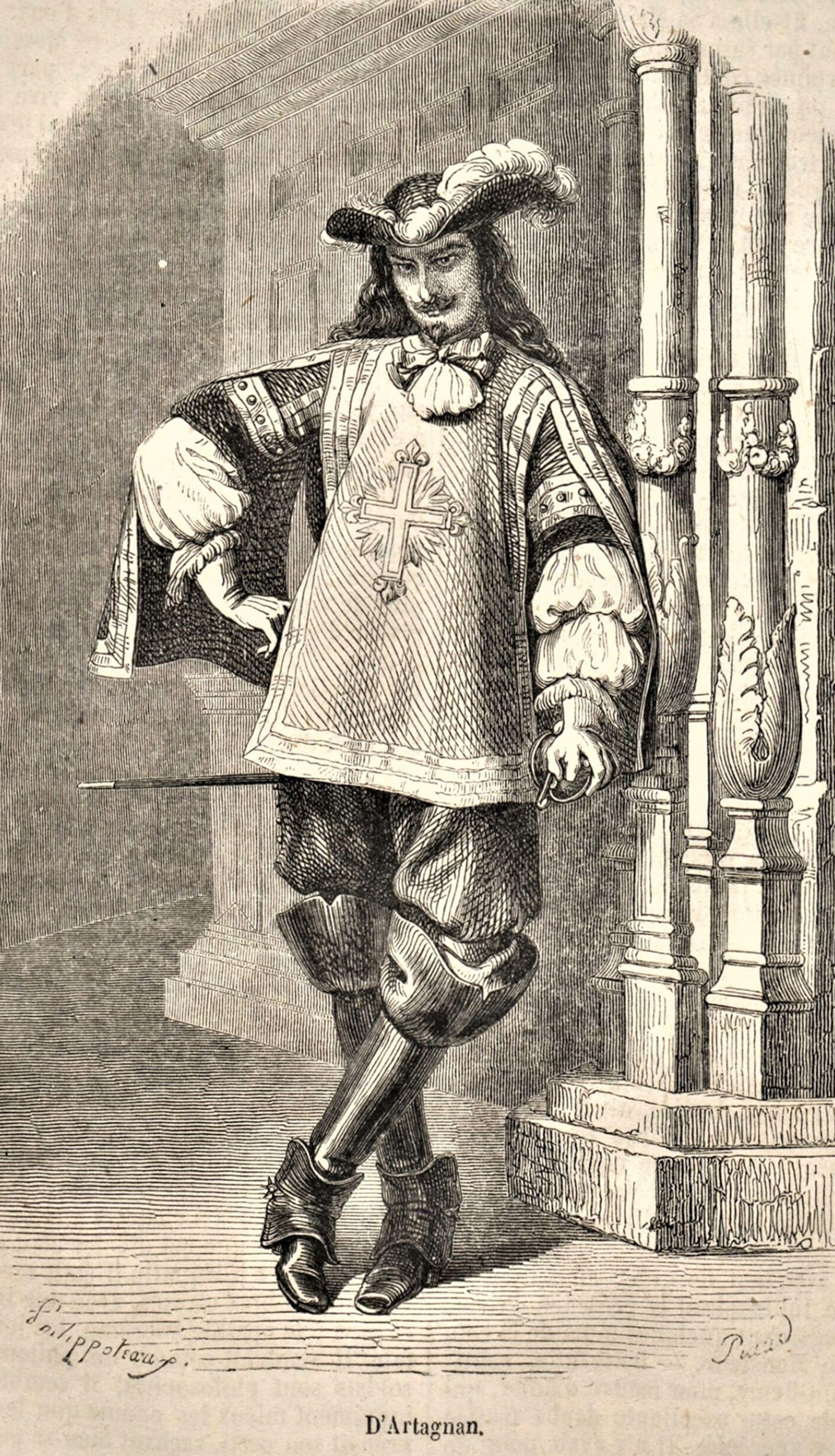 En engraving of a man leaning against a column.